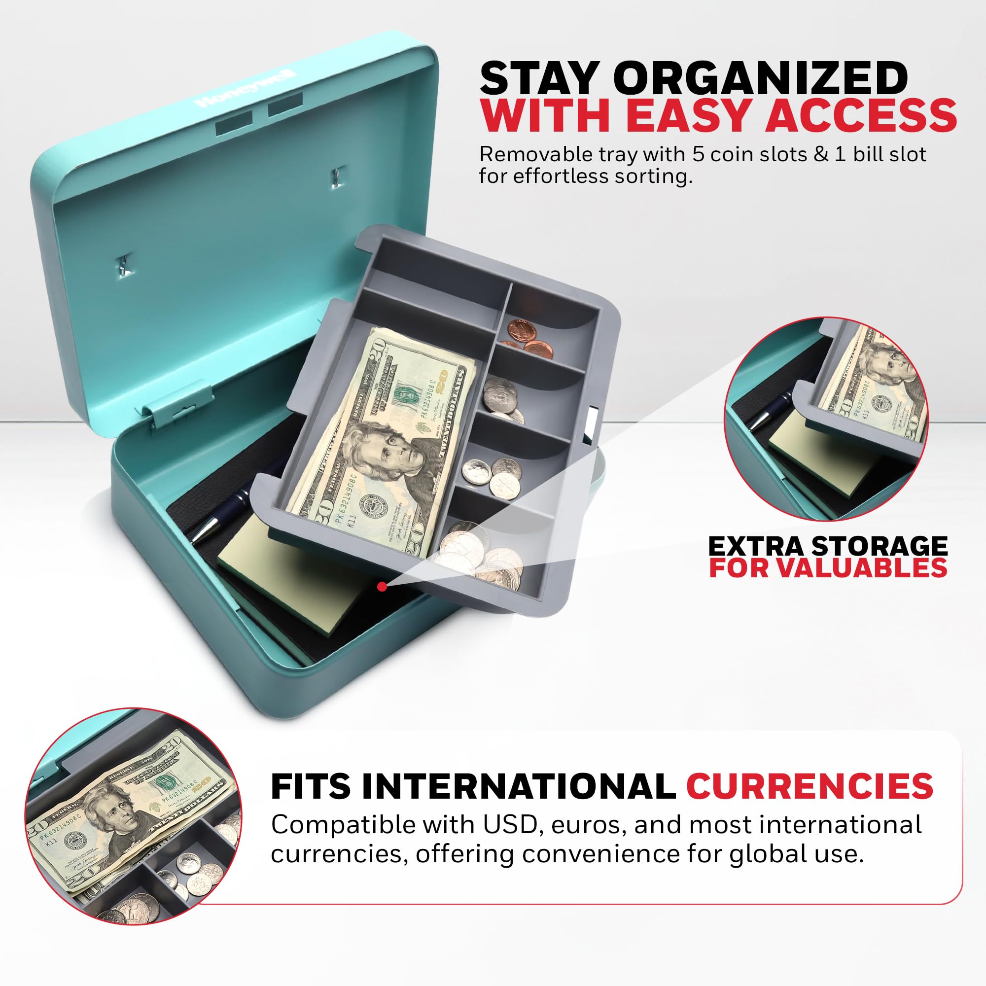 Honeywell Steel Security Cash Box with Key Lock - 0.14 CU Teal Money Lock Box - Includes 1 Removable Cash Tray & 5 Coin Slots - Durable & Scratch Resistant Safe for Home, Office, or Retail Use - Model 6112TL