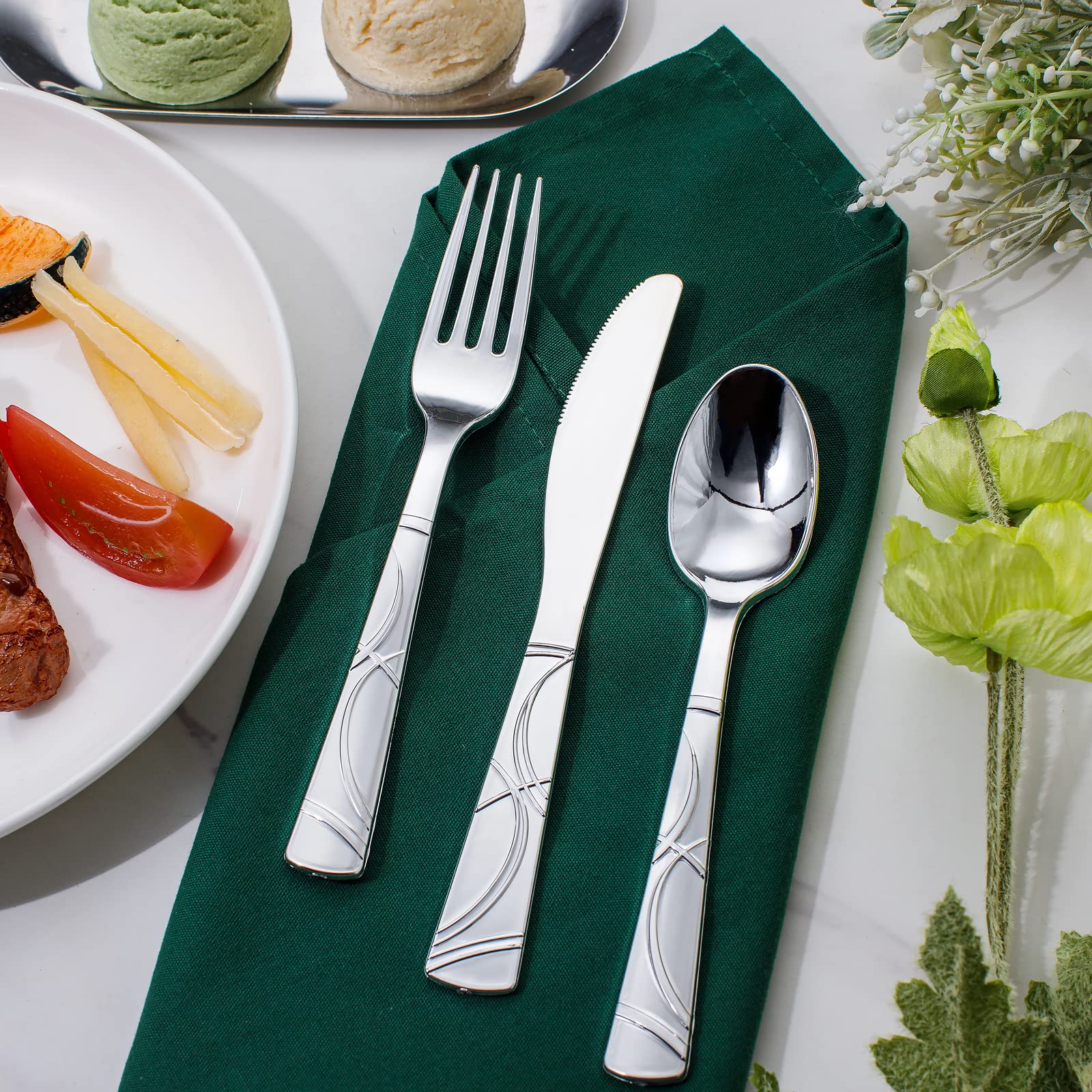 MirthMood 180-Piece Silver Plastic Cutlery Set - Disposable Silverware for Parties, Events & Holidays (60 Forks, 60 Knives, 60 Spoons) - Elegant Plastic Flatware for New Year Celebrations, Weddings, BBQs & Catering
