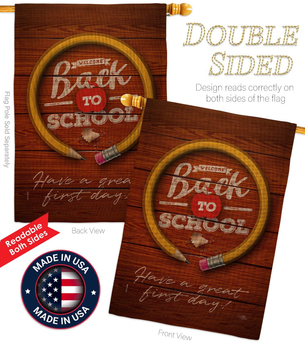 Breeze Decor First Day of School Burlap House Flag - Double-Sided Back to School Banner for Teachers & Students - Made in USA - Perfect for Classroom Decor, Yard Signs, and Teacher Appreciation Gifts