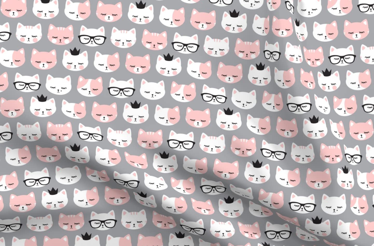 Premium Spoonflower Minky Fabric - Cute Cat Faces & Crowns Print in Light Pink & Gray - Fat Quarter for Sewing Baby Blankets, Quilt Backing & Plush Projects | Perfect for DIY Crafts, Nursery Decor & Pet Lovers Gifts