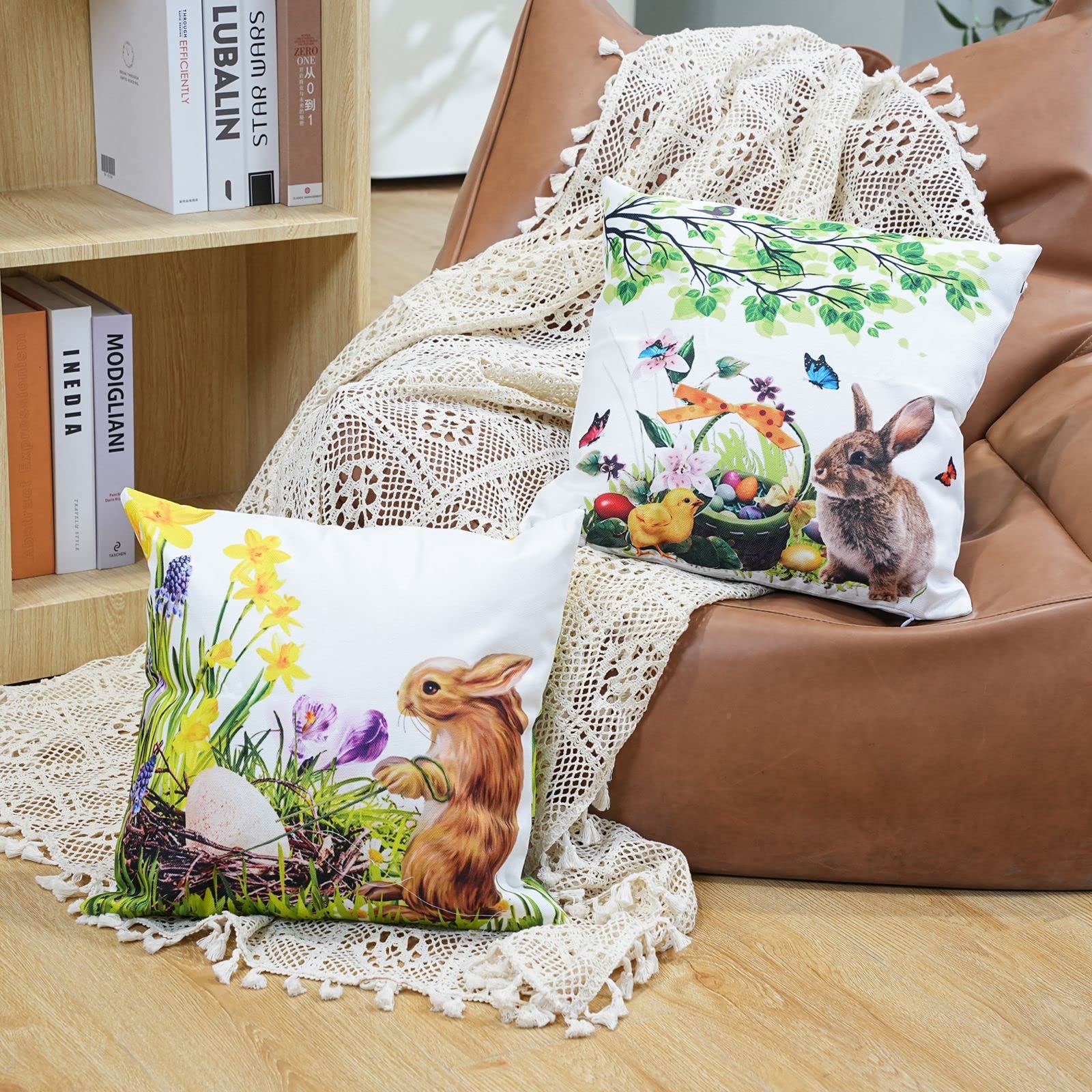 Easter Pillow Covers 20x20 Inch - Happy Easter Eggs, Tree, Bunny Rabbit & Spring Flowers Decorative Throw Pillow Cases for Sofa, Couch, Bed, Office, Car - Perfect for Easter Home Decor & Spring Season Celebrations