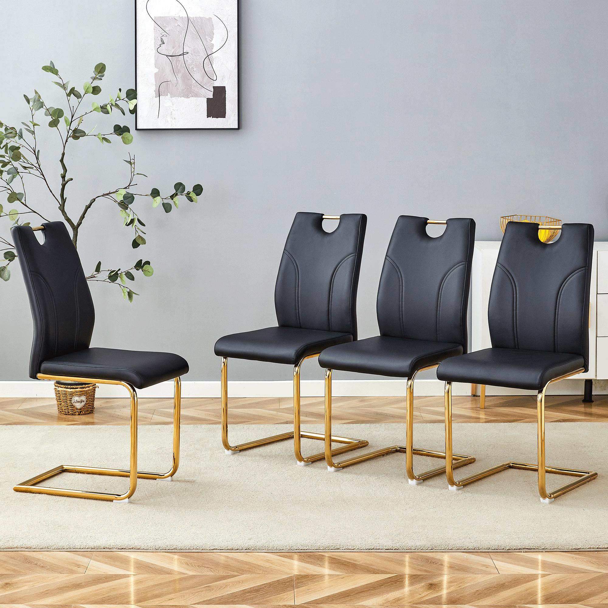Modern Black PU Dining Chairs Set of 4 - Waterproof Faux Leather Upholstery with Gold Metal Legs - Stylish for Kitchen, Restaurant, Office & Conference Room - Elegant Seating Solution for Home & Commercial Use
