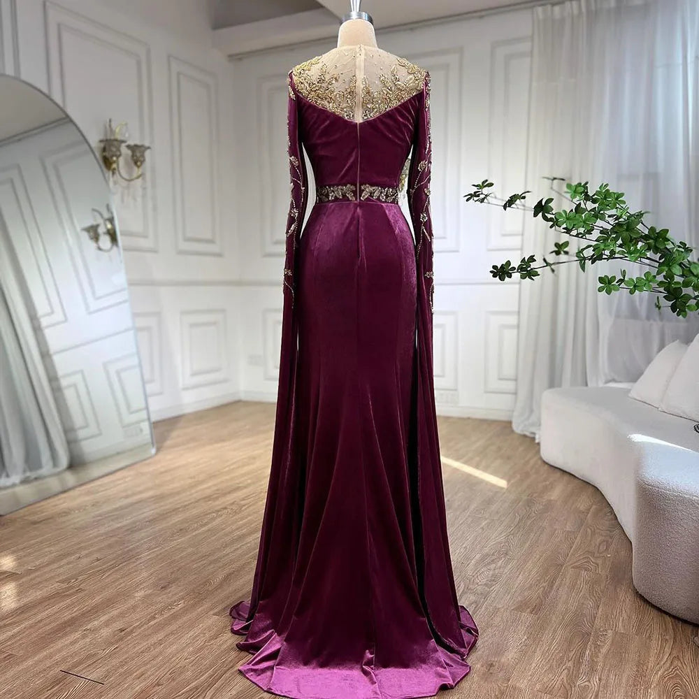 Elegant Beaded Muslim Green Velour Evening Gown with Cape Sleeves for Women - 2025 Mermaid Party Dress LA71452 | Perfect for Weddings, Galas & Formal Events