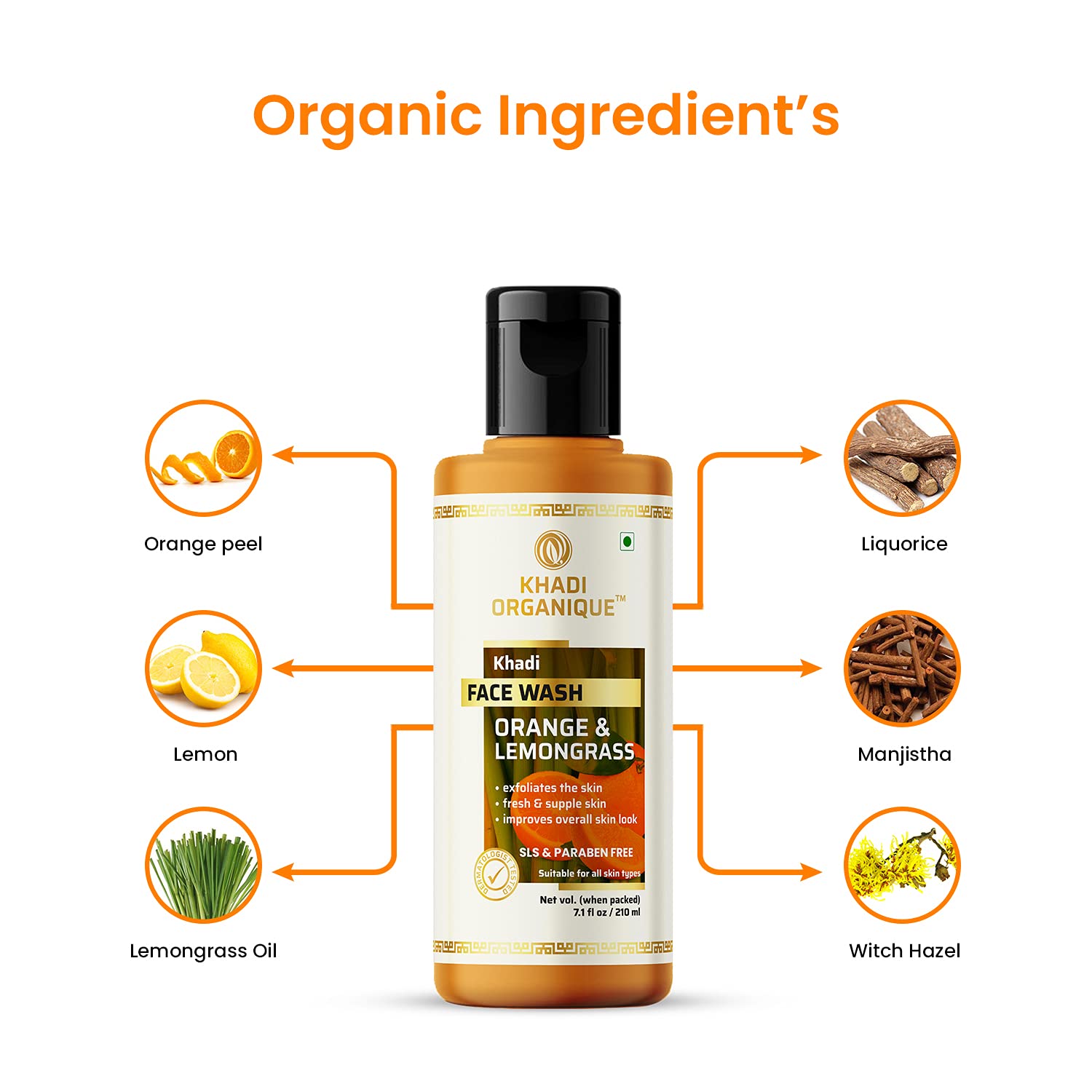 Khadi Organique Orange & Lemongrass Face Wash for Glowing Skin - 210ml | Natural Cleanser for Oily & Acne-Prone Skin | Morning & Night Skincare Routine