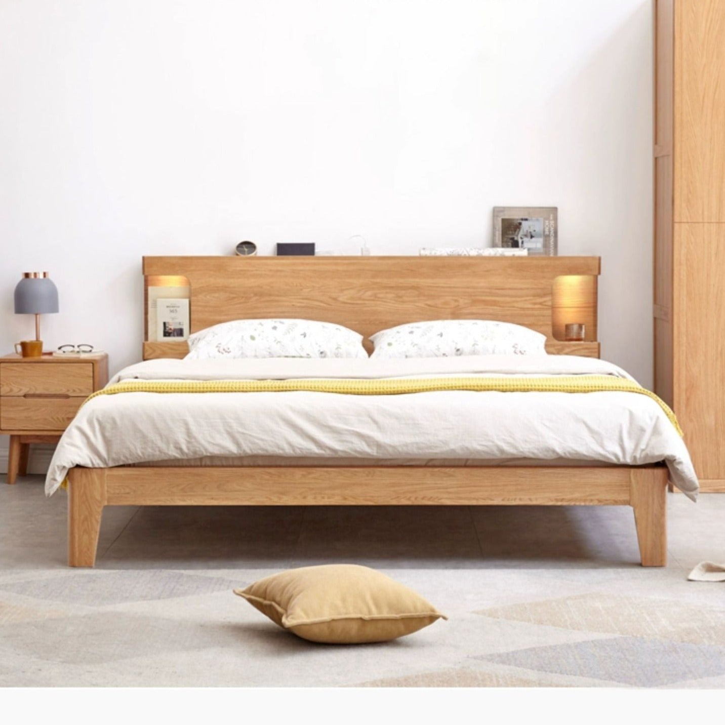 Solid Oak Wood Luminous Bedside Charging Shelf - Nightstand Organizer with USB Ports for Bedroom, Office & Dorm Room - Perfect for Phones, Tablets & Reading Lights