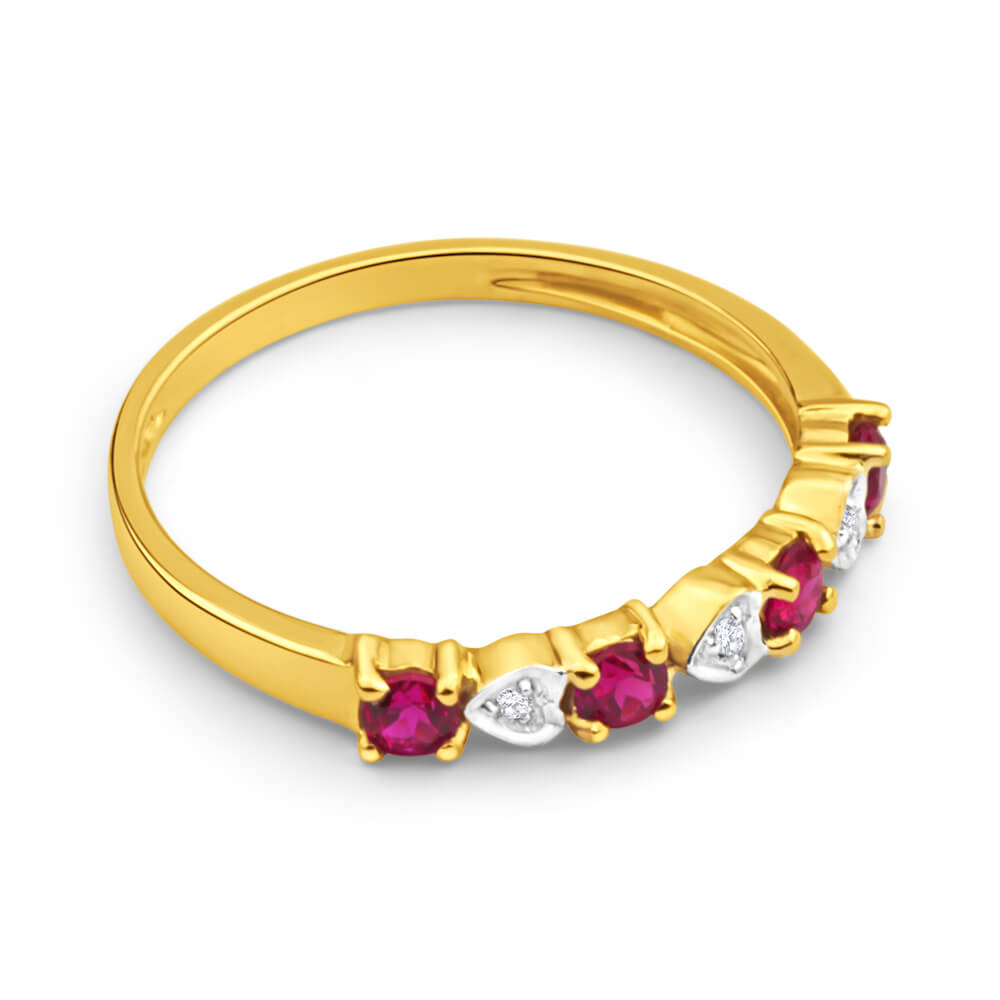 9ct Yellow Gold 4 Created Ruby & 3 Diamond Ring - Elegant Wedding Band, Anniversary Gift for Her, Perfect for Special Occasions & Everyday Wear