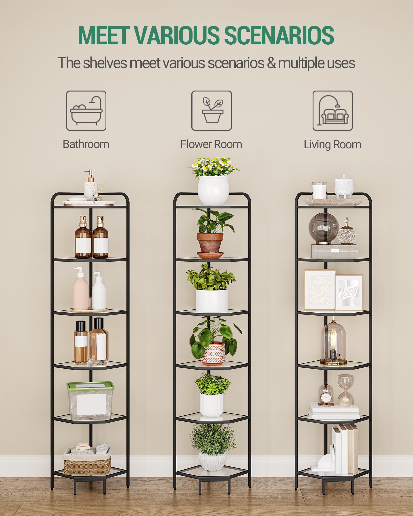 6-Tier Black Corner Shelf Stand - Modern Steel Frame & Tempered Glass Bookcase for Living Room, Bathroom, Kitchen | Space-Saving Organizer for Books, Plants, Bath Essentials & Decor | Perfect for Small Spaces & Home Organization