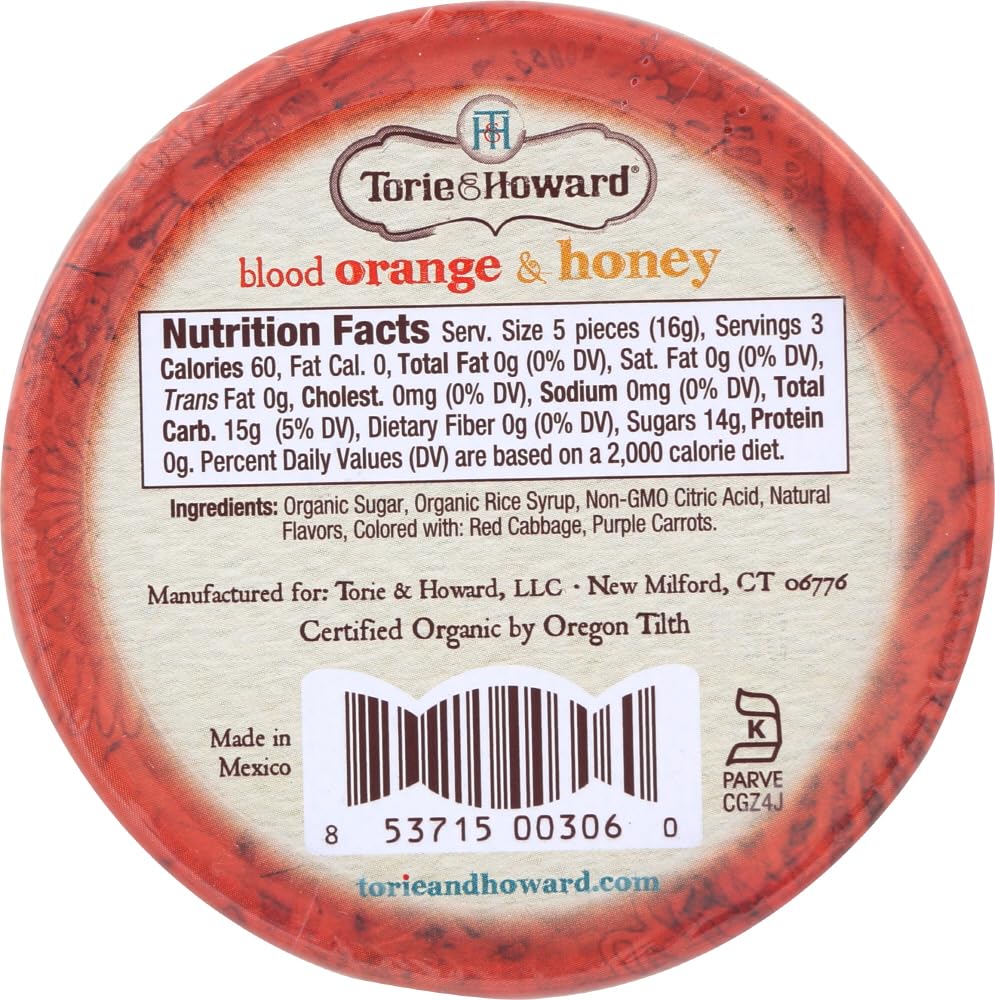 Torie and Howard Organic Hard Candy Tin - Blood Orange & Honey Flavor, 2oz (Pack of 2) | All-Natural Snacks for Office, Travel & Gifts