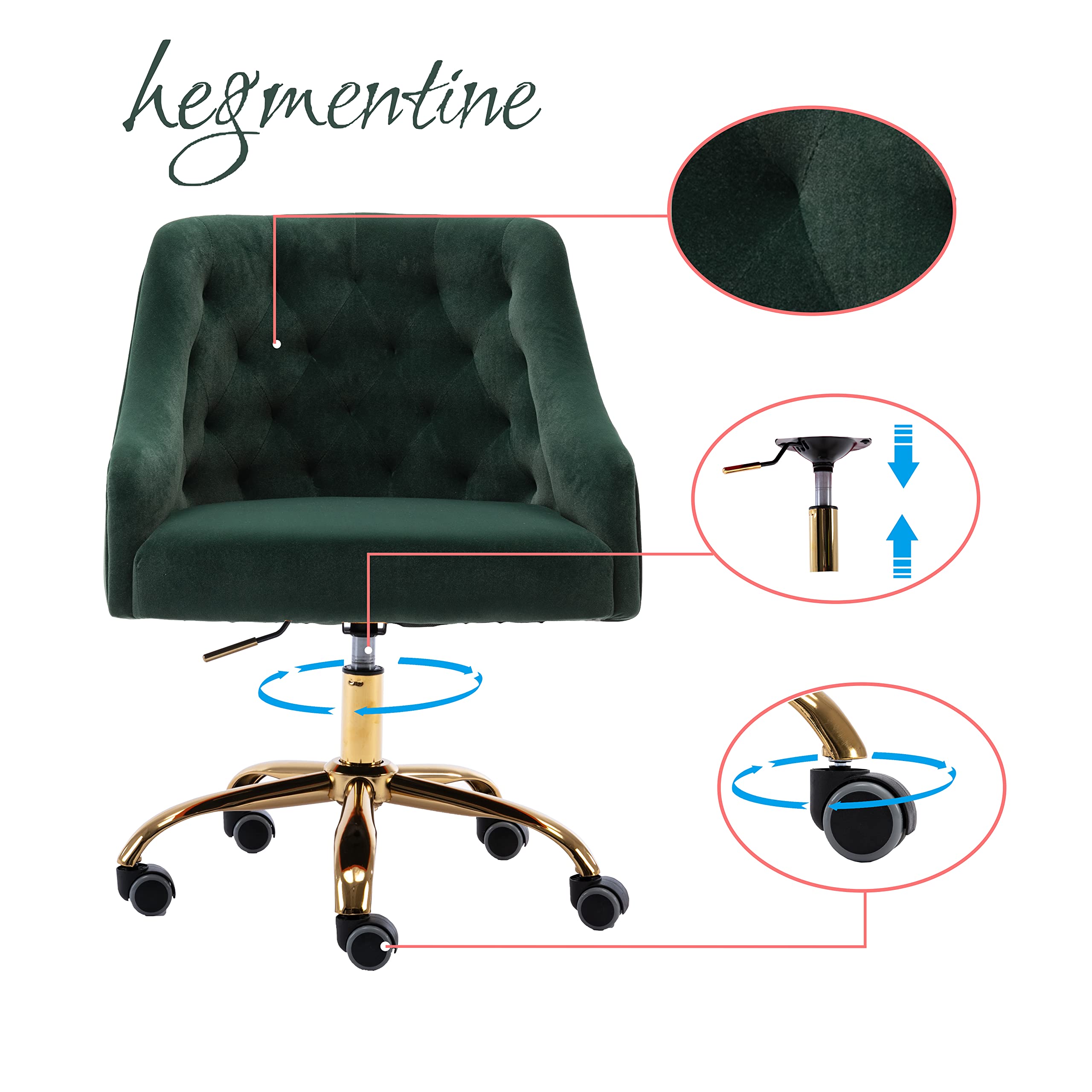 Ergonomic Velvet Swivel Office Chair with Wheels & Height Adjustment - Modern Home Desk Chair for Work, Study, Makeup Vanity - Perfect for Living Room, Bedroom & Home Office (Dark Green)