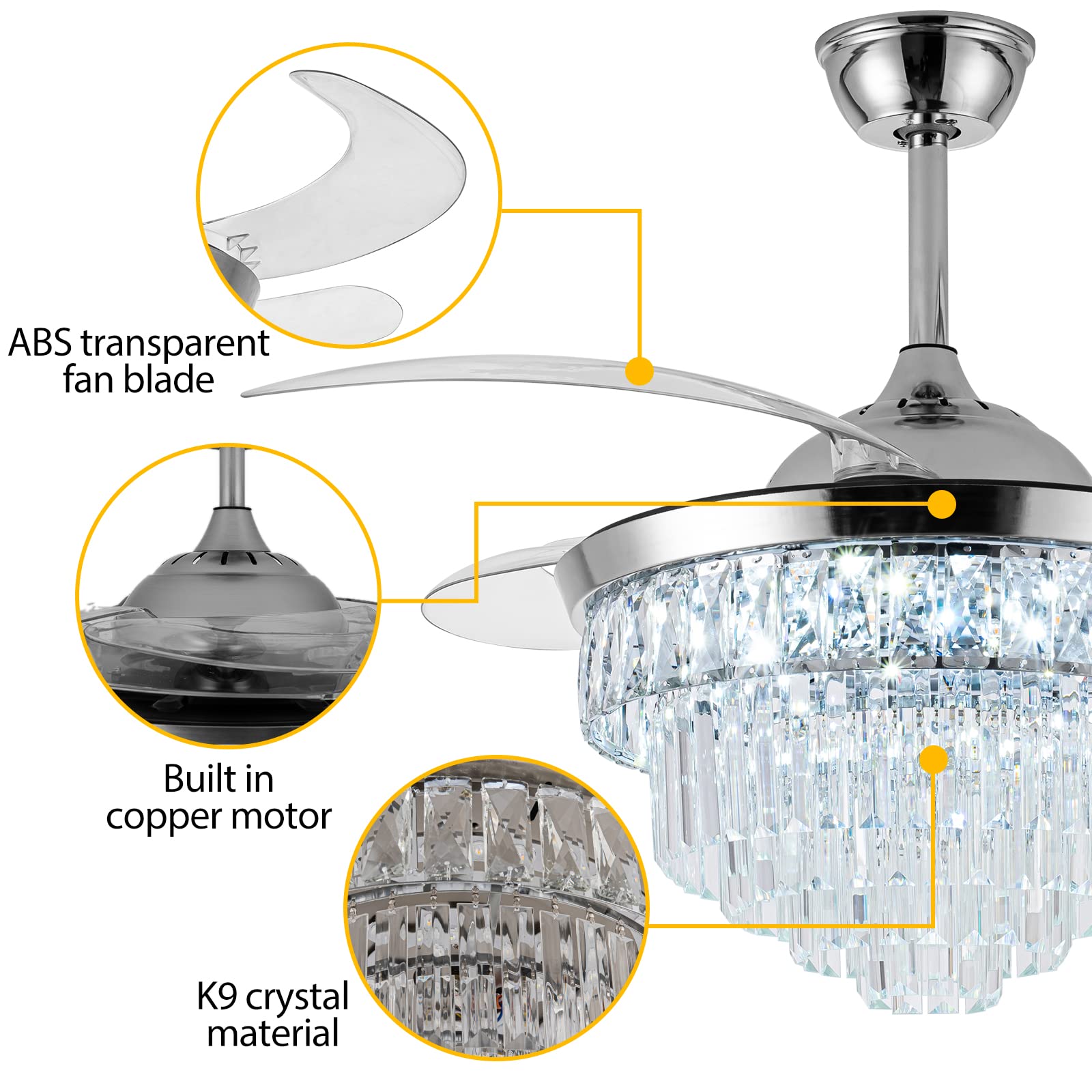 42 Inch Crystal Ceiling Fan with LED Light - Dimmable Modern Chandelier Fan, 6 Speed Retractable Blades for Bedroom, Living Room & Dining Room | Energy Efficient Cooling & Elegant Lighting Solution for Home Decor