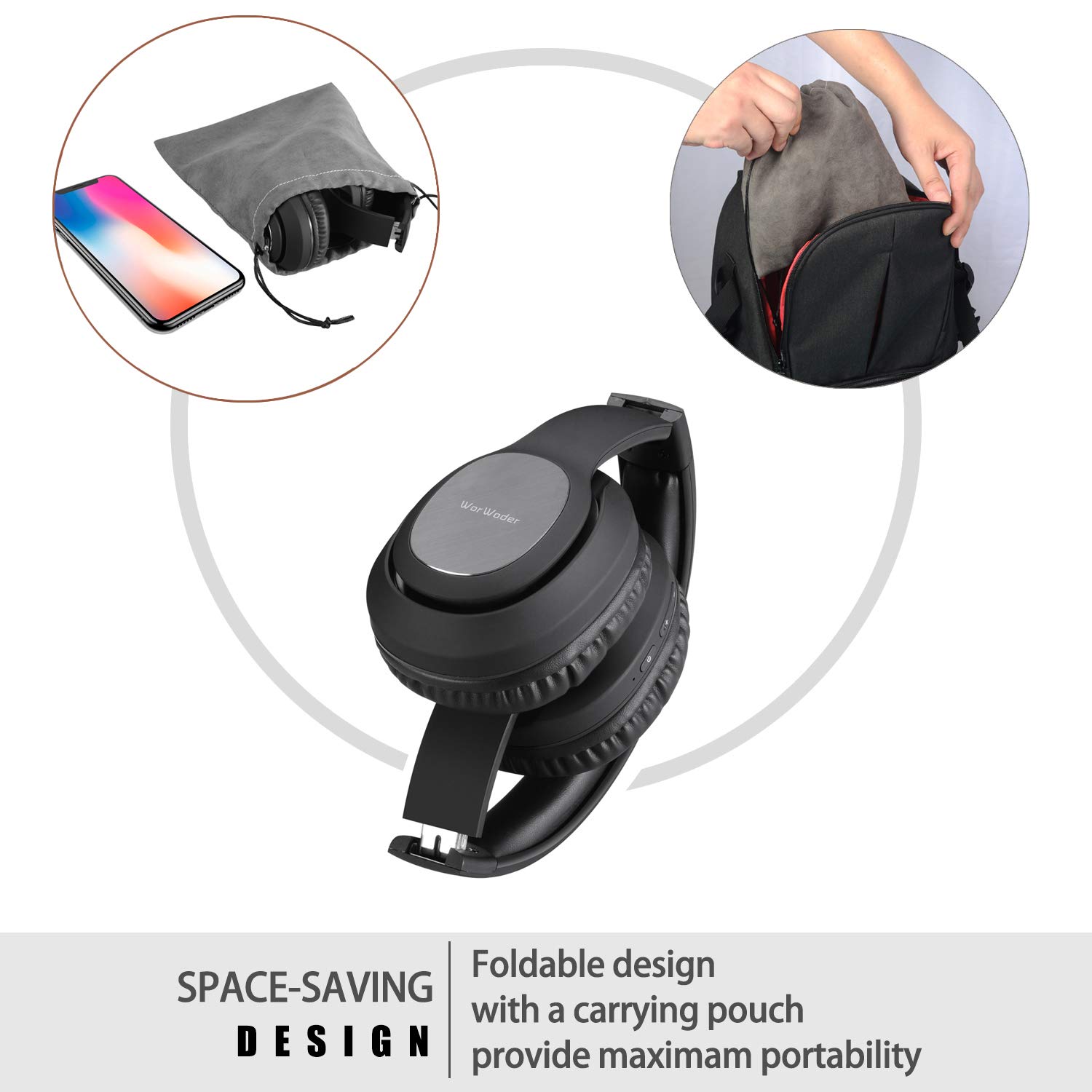 WorWoder 80Hrs Wireless Over Ear Headphones Bluetooth 5.0 with HiFi Stereo Sound & Built-in Mic - Lightweight Noise Cancelling Headset for Work, Travel, Online Classes, Gaming & Music (Black)