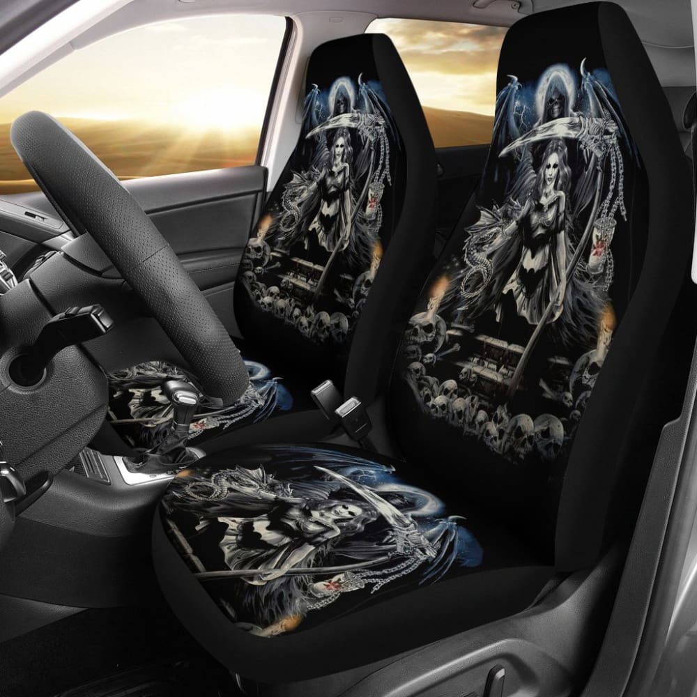 2 Pcs Gothic Skull Car Seat Covers - Universal Fit for Cars, Trucks & SUVs - Black PU Leather with Skull Design - Perfect for Halloween, Car Enthusiasts & Gothic Style Lovers