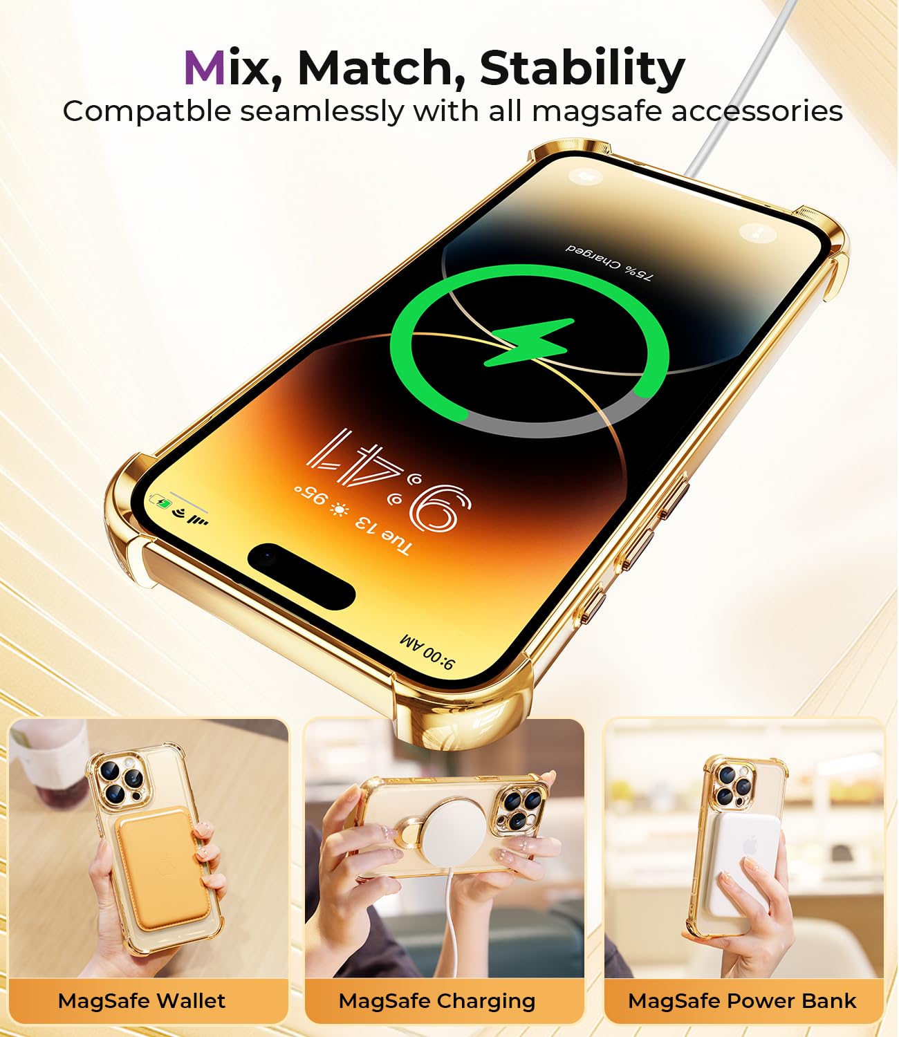 Shockproof iPhone 16 Pro Max Case with Built-in Lens Protector - Foldable Stand & Magnetic Ring Holder - Magsafe Compatible - Glossy Gold Bumper Case for Women - Perfect for Travel, Photography & Daily Protection