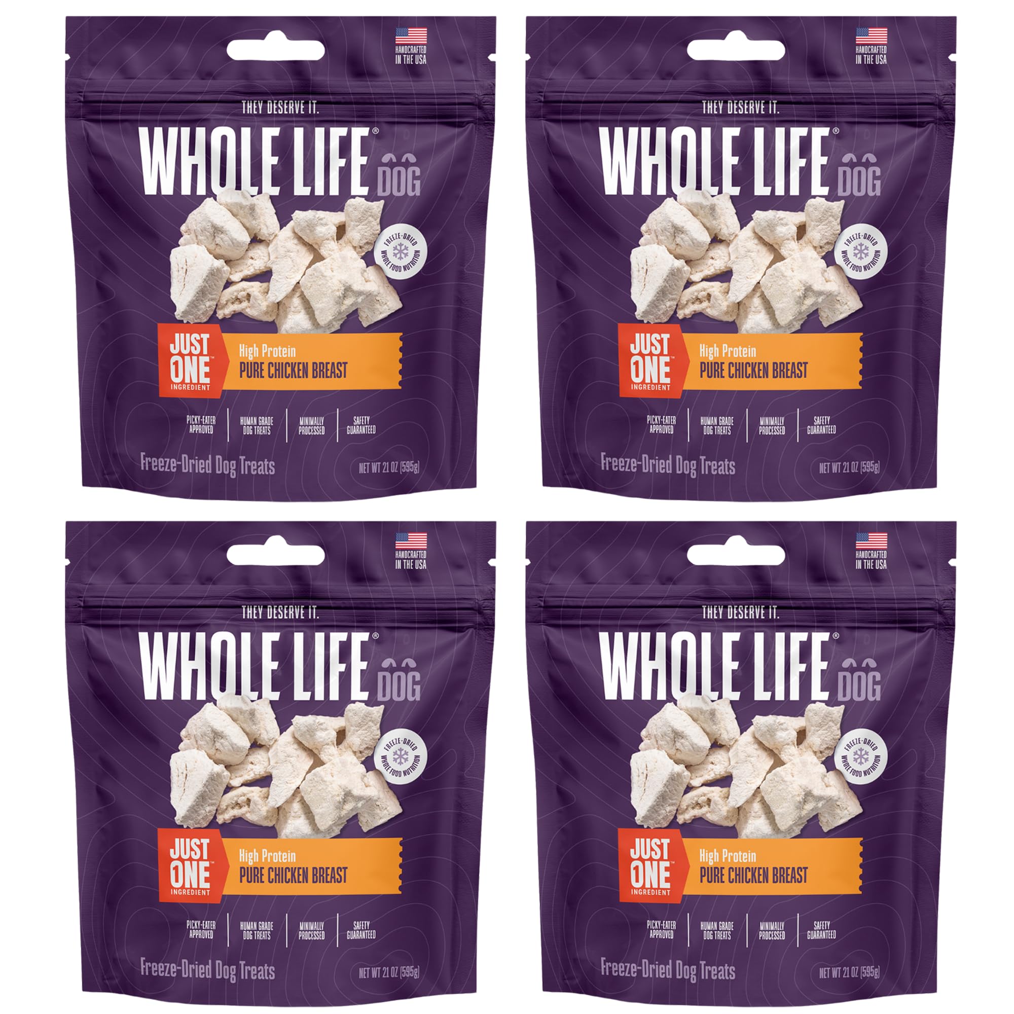 Whole Life Just One Chicken Freeze-Dried Dog Treats - Human-Grade High Protein, Grain-Free, Healthy Training Snacks & Food Toppers - Made in USA Natural Dog Food - 21oz Value Pack (4 Bags) - Perfect for Training, Rewards & Meal Toppers