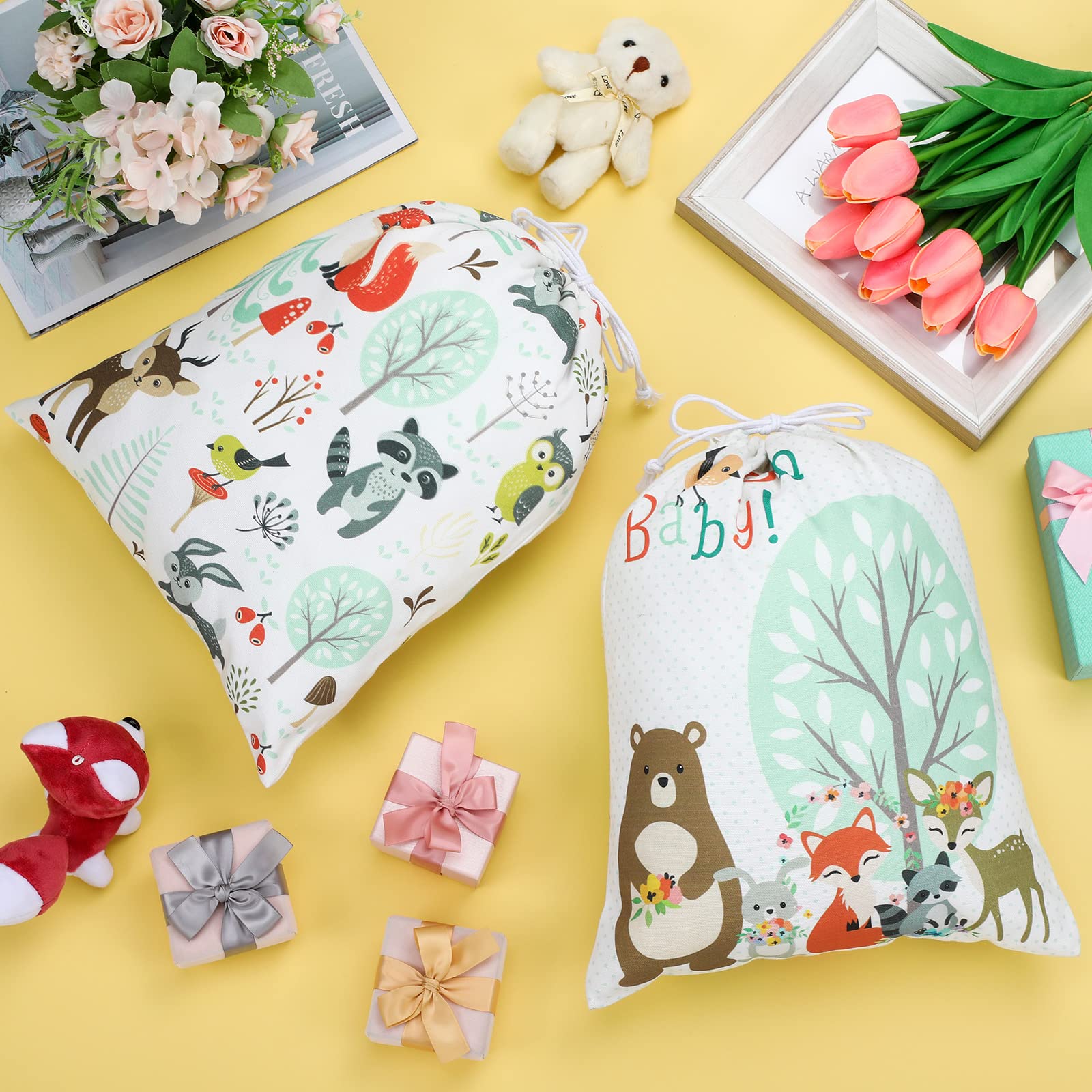 Shappy 2 Pack Reusable Woodland Animal Drawstring Gift Bags - 15.75 x 11.81 Inch Large Fabric Gift Wrap for Baby Showers, Birthday Parties, Gender Reveals & Jewelry Gifts - Eco-Friendly Party Favor Bags for Special Occasions