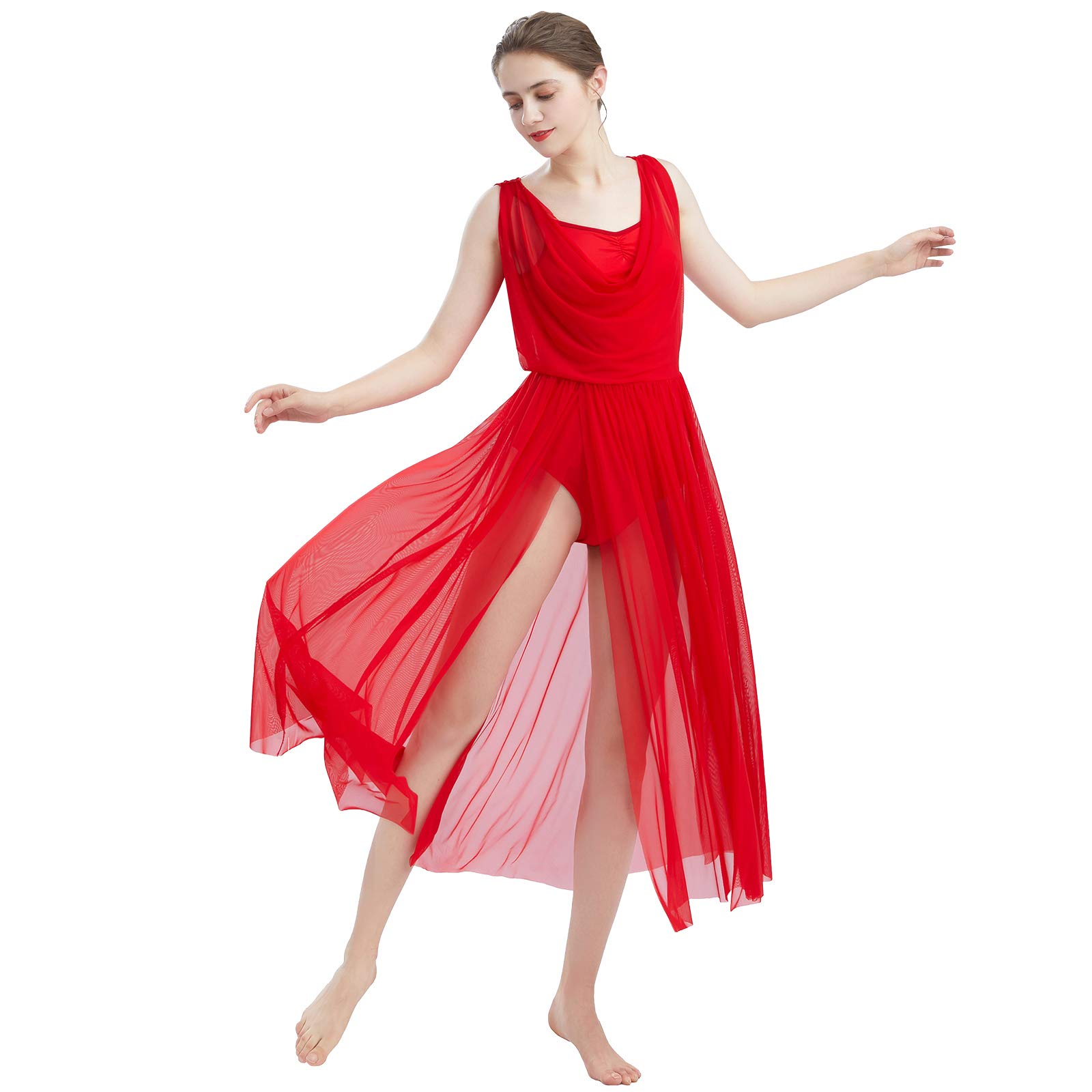 ODASDO Women's Lyrical Modern Contemporary Dance Costume - V-Neck Backless Leotard with Flowy Tulle Skirt Overlay for Ballet, Jazz & Performance