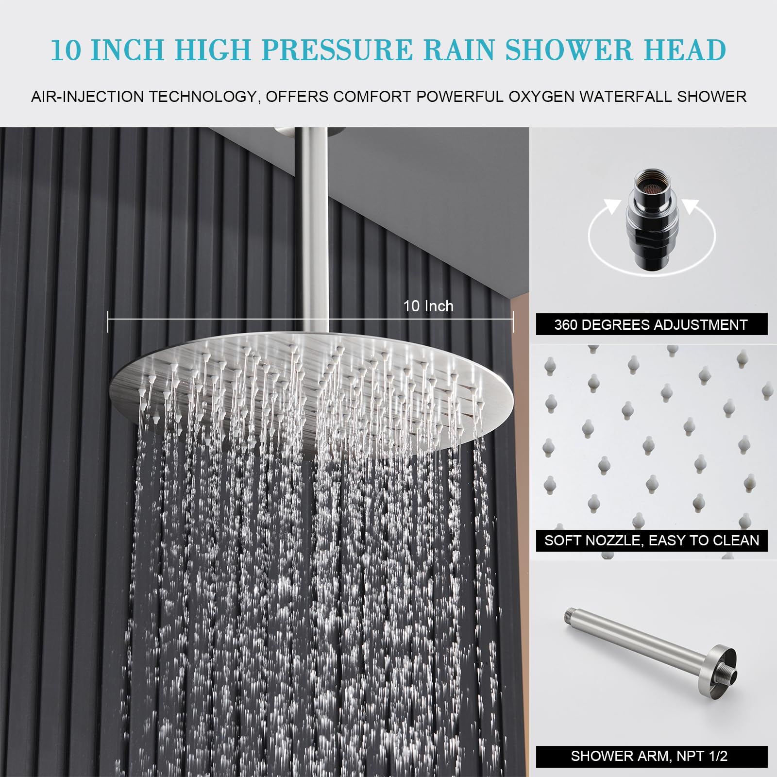 Premium Brushed Nickel Shower Faucet Set - 10 Inch Rainfall Shower Head & Handheld Sprayer with Brass Valve - Modern Bathroom Ceiling Mounted Shower System for Spa-Like Experience