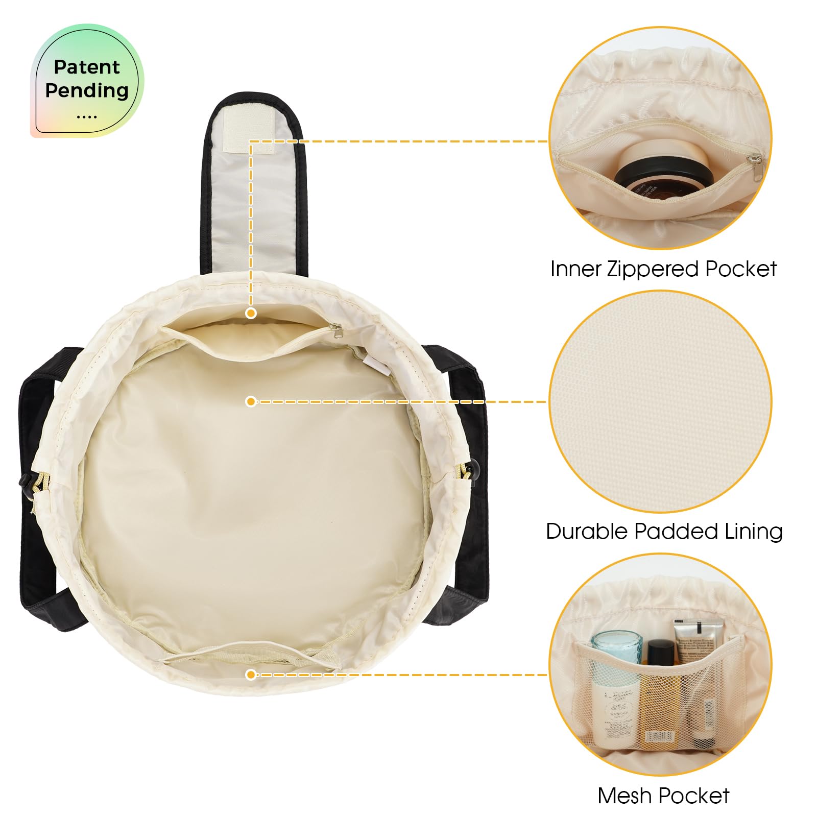 Large Barrel Drawstring Makeup Bag for Women & Girls - Waterproof Travel Cosmetic Organizer with Patent Design (Black) | Perfect for Gym, Vacation & Daily Essentials Storage