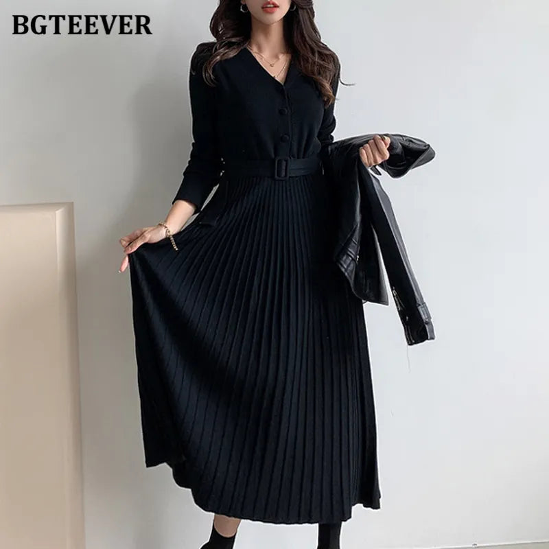 Elegant V-Neck Single-Breasted Women's Thick Knit Sweater Dress with Belt - A-Line Soft Winter Dress for Autumn & Winter 2021 | Perfect for Office, Date Night & Casual Outings