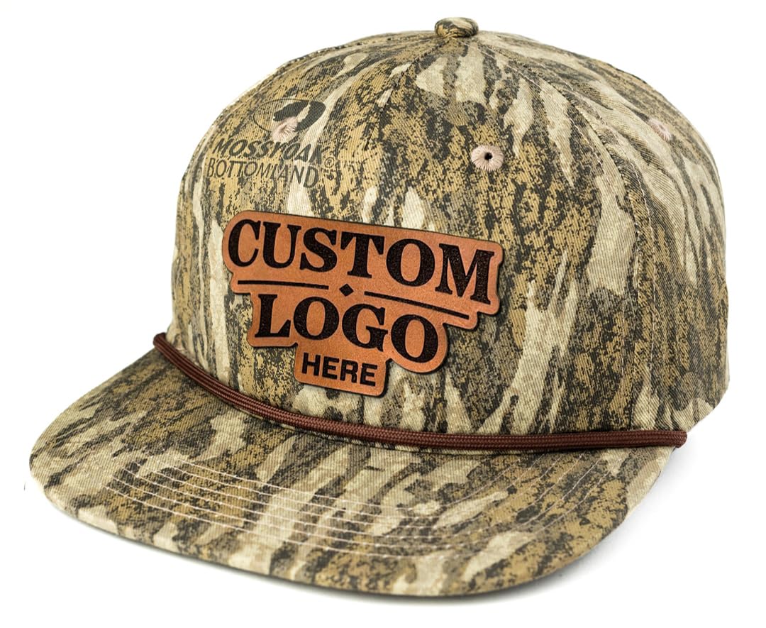 Custom Engravable Leather Patch Goat Rope Hats - Personalized Business Logo or Image Embroidery - Mossy Oak New Bottomland Camo Design - Perfect for Outdoor Adventures, Hunting, and Brand Promotion