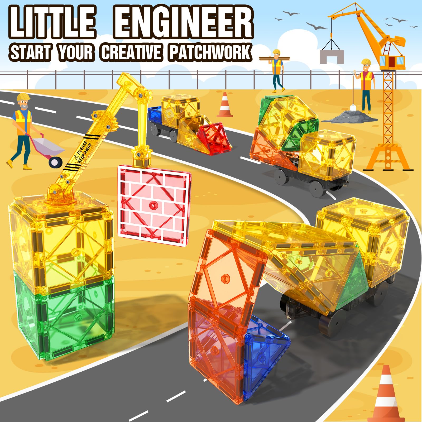 Magnetic Building Blocks Set with Road Tiles & Crane Car - STEM Construction Toys for Kids Ages 3-8, Creative Educational Toys for Toddlers - Perfect Gift for 3+ Year Old Boys & Girls - Great for Classroom, Playroom & Birthday Parties
