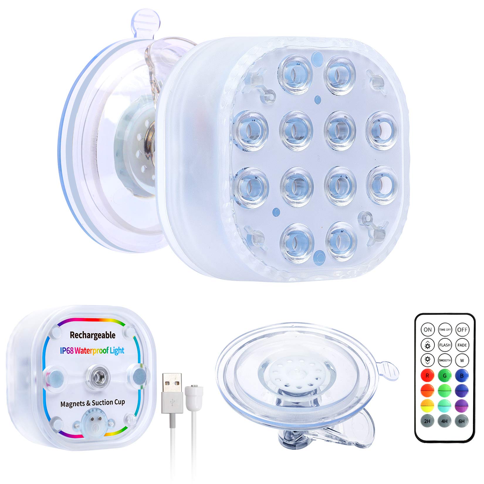 VIDOME Rechargeable Color Changing LED Pool Lights with Large Suction Cup - Waterproof Submersible Bathtub & Shower Lights, Remote Controlled Spa Lights for Swimming Pools, Hot Tubs, and Relaxing Baths