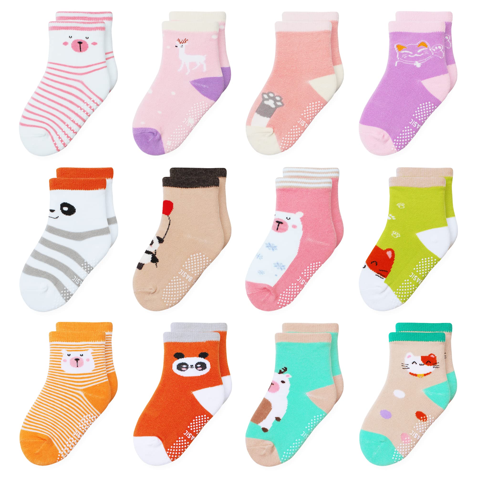 HYzgb Non-Slip Toddler Socks for Boys & Girls 1-7 Years | 12 Pairs Cotton Crew Socks (12-24 Months) | Perfect for Playtime, Daycare & First Steps