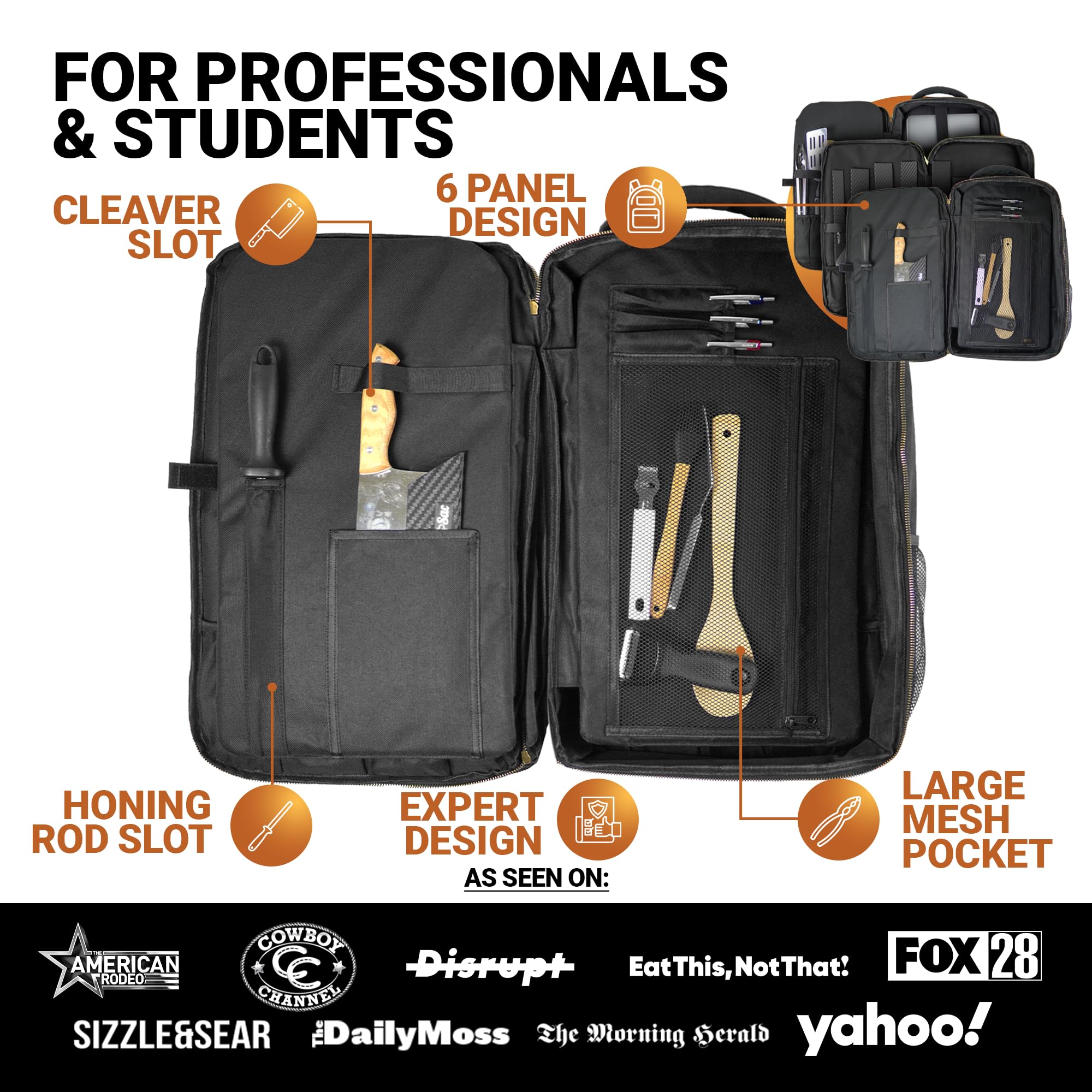 Professional Chef Backpack for Travel - Water-Resistant Knife Bag with 21+ Pockets for Kitchen Tools & Utensils | Fits Laptop & Notebook | Ideal for Chefs, Culinary Students & Cooking Enthusiasts (Black) | Perfect for Culinary School, Work Commute & Professional Kitchen Use