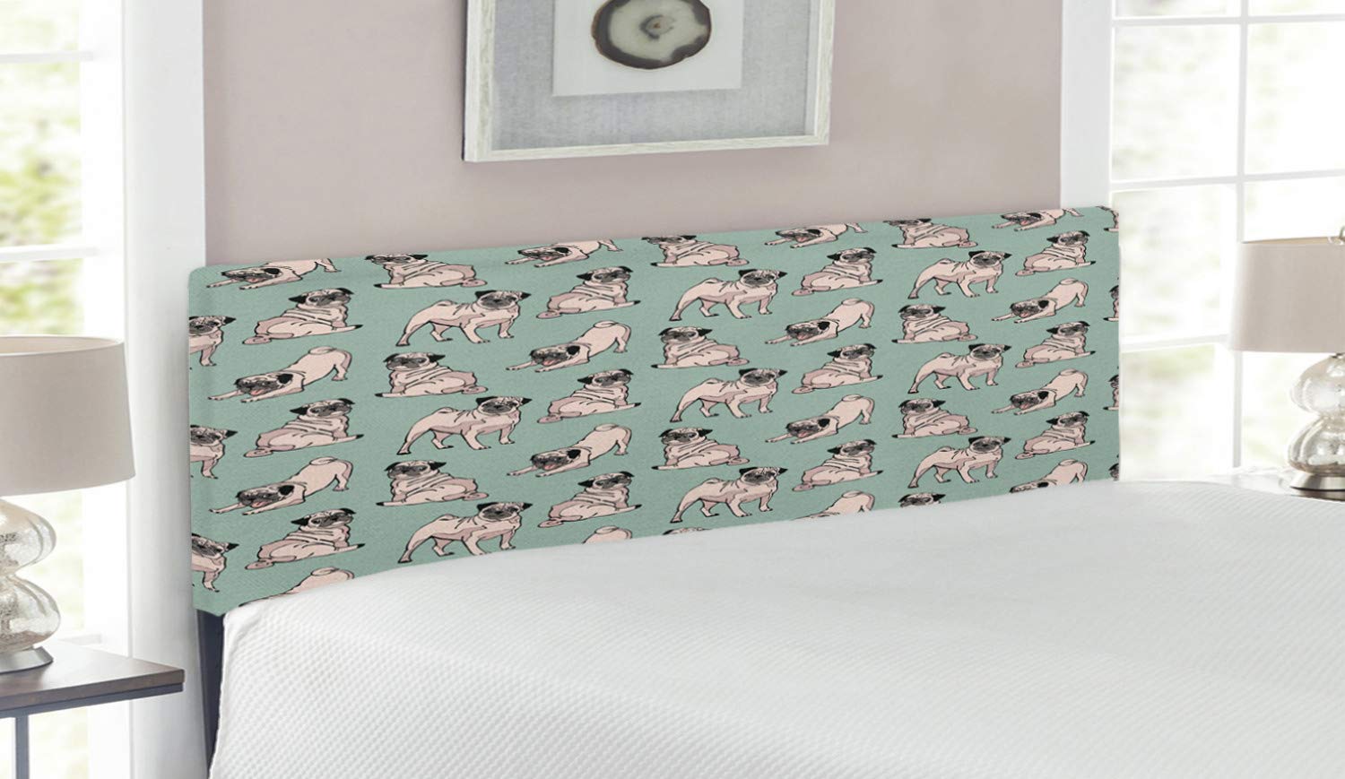 Ambesonne Pug Dog Headboard - Cartoon Style Pet Drawing with Sitting, Standing & Stretching Pugs - Upholstered Decorative Metal Bed Frame with Memory Foam - Queen Size Turquoise Headboard for Bedroom Decor & Dog Lovers
