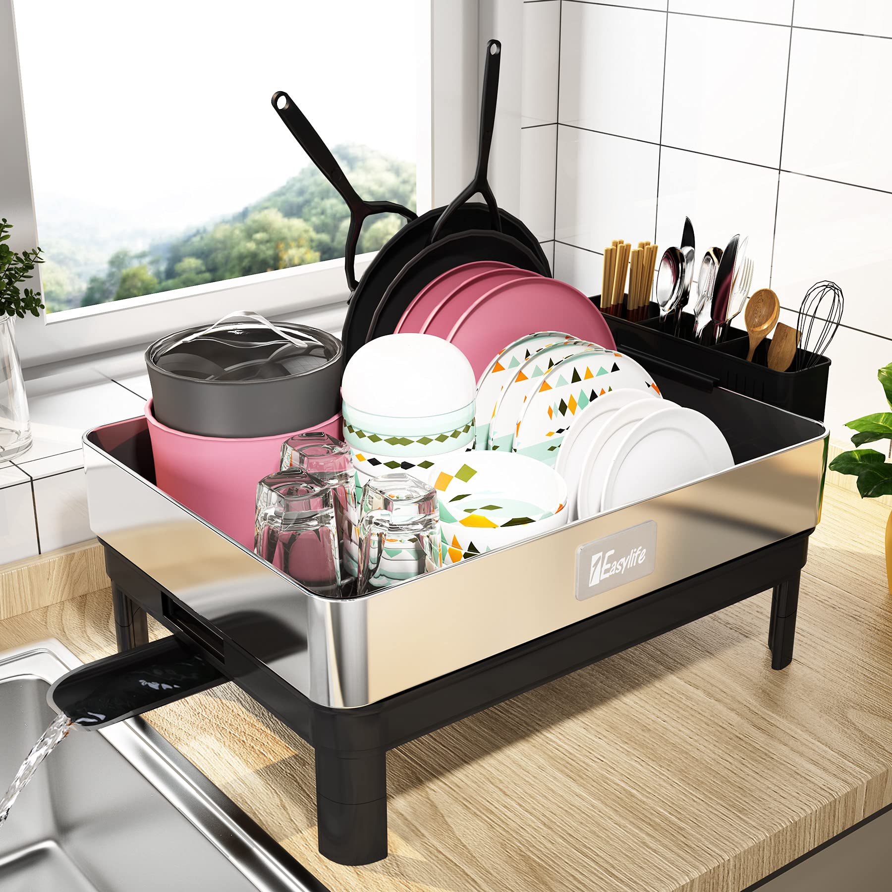1Easylife Large Stainless Steel Dish Drying Rack with Drainboard - Fingerprint-Proof 304 Stainless Steel, Swivel Spout & Utensil Holder - Space-Saving Kitchen Counter Organizer for Dishes, Cups & Cookware Storage