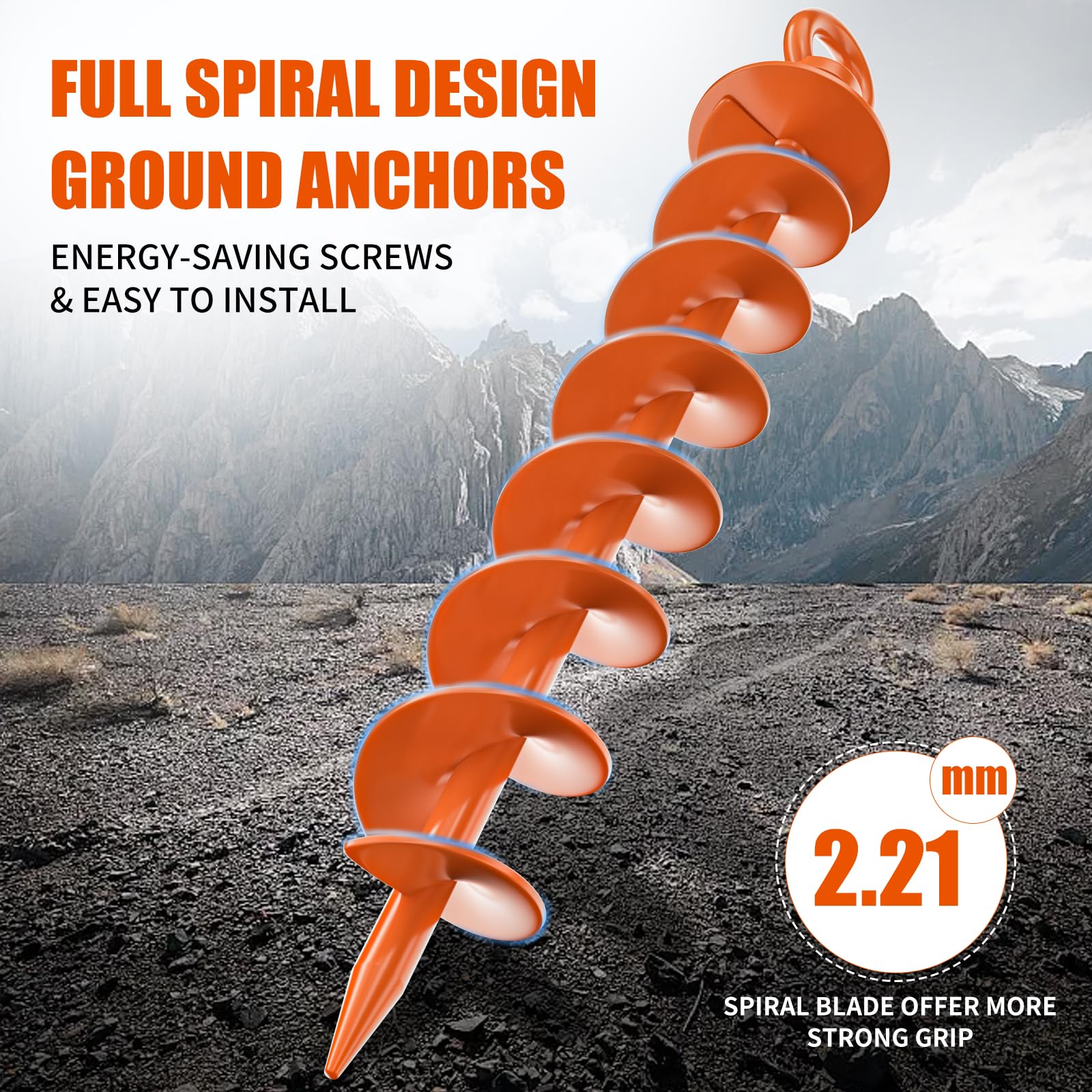 Phopich 4-Pack Heavy Duty Spiral Ground Anchors with Nut & Tool - High Wind Resistance for Trampolines, Swing Sets, Tents, Sheds & Mobile Homes - Durable Outdoor Screw-in Anchors (Orange) - Perfect for Securing Equipment in Windy Weather & Storm Protection
