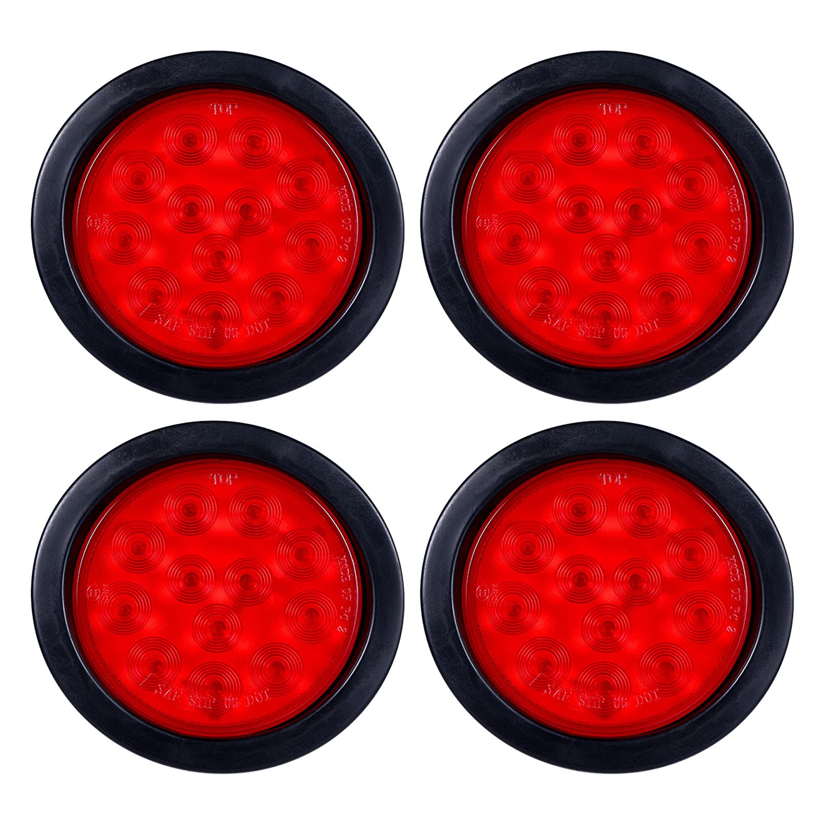 4Pcs 4 Inch Round LED Trailer Tail Lights - Red 12 LED Waterproof Brake Stop Turn Signal Lights with Sealed Flush Mount | Durable 12V Marker Lights for Truck, Trailer, RV, Boat, Jeep, UTE & UTV | Includes Grommet & Plug | Perfect for Night Driving, Off-Roading & Marine Use