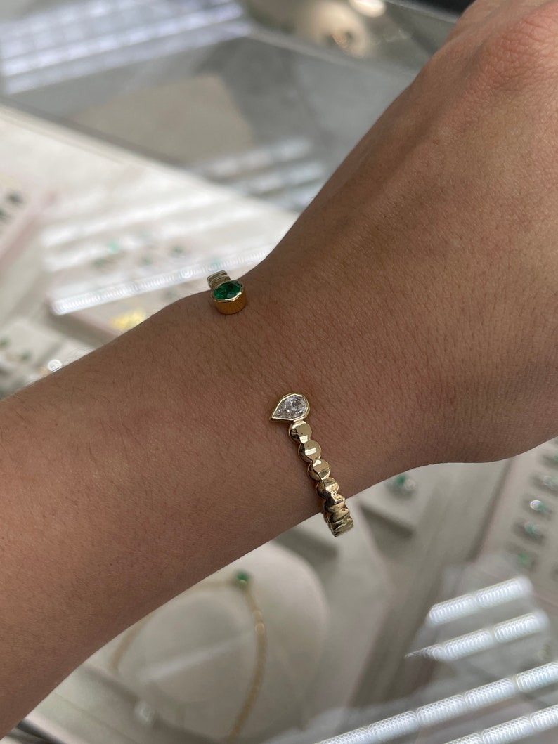 1.22tcw 18K Gold Vivid Green Emerald & Diamond Cuff Bangle Bracelet - Custom Cut Kite Shape, Luxury Jewelry for Women, Perfect for Weddings, Parties & Special Occasions