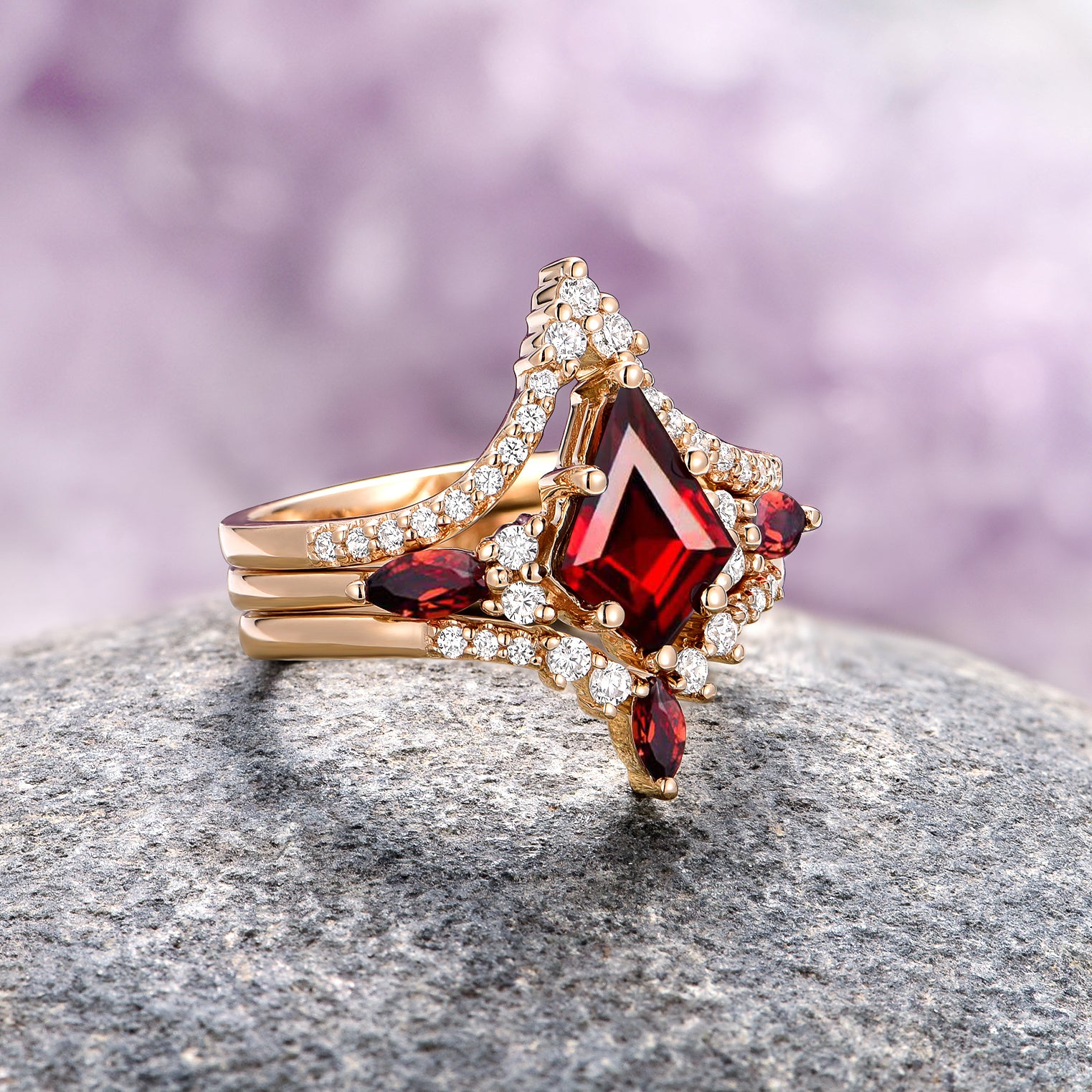 Skye Kite™ 14K Solid Yellow Gold Natural Red Garnet Ring Set (3-Piece) - Perfect for Anniversary Gifts, Valentine's Day & Special Occasions