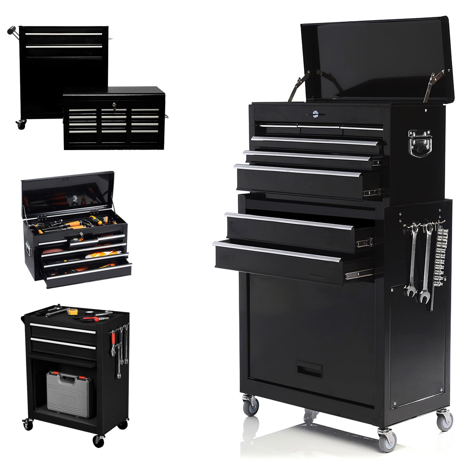 8-Drawer Heavy Duty Rolling Tool Chest with Lock - High Capacity Mobile Tool Storage Cabinet for Mechanics, Garage & Workshop - Removable Drawers & Wheels for Easy Organization (Black) - Perfect for Auto Repair, DIY Projects & Professional Tool Storage