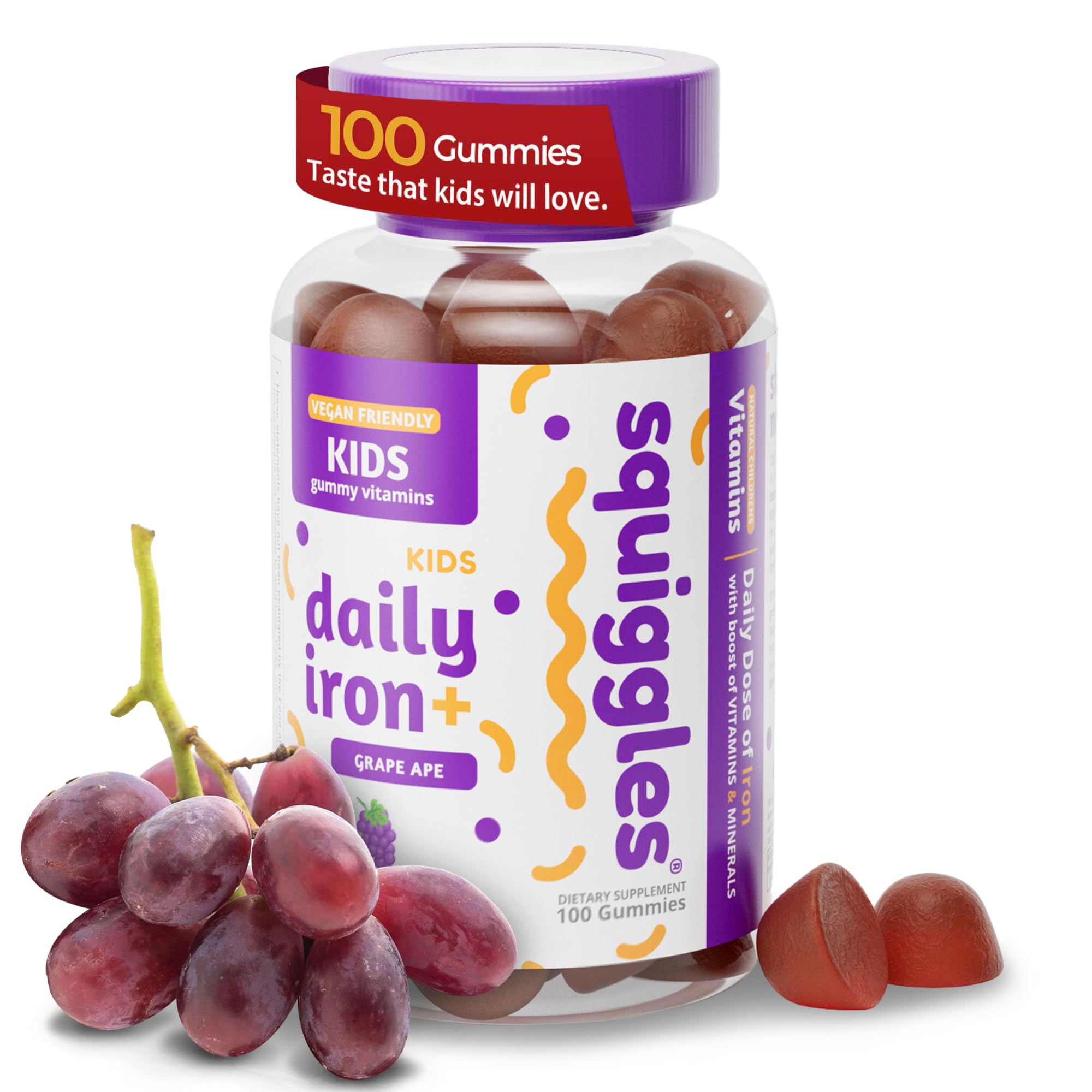 Squiggles Kids Iron+ Multivitamin Gummies - Vegan, Low Sugar Chewable Supplement for Toddlers & Children with Delicious Grape Flavor (100 Count) - Supports Immune Health & Energy for Active Kids