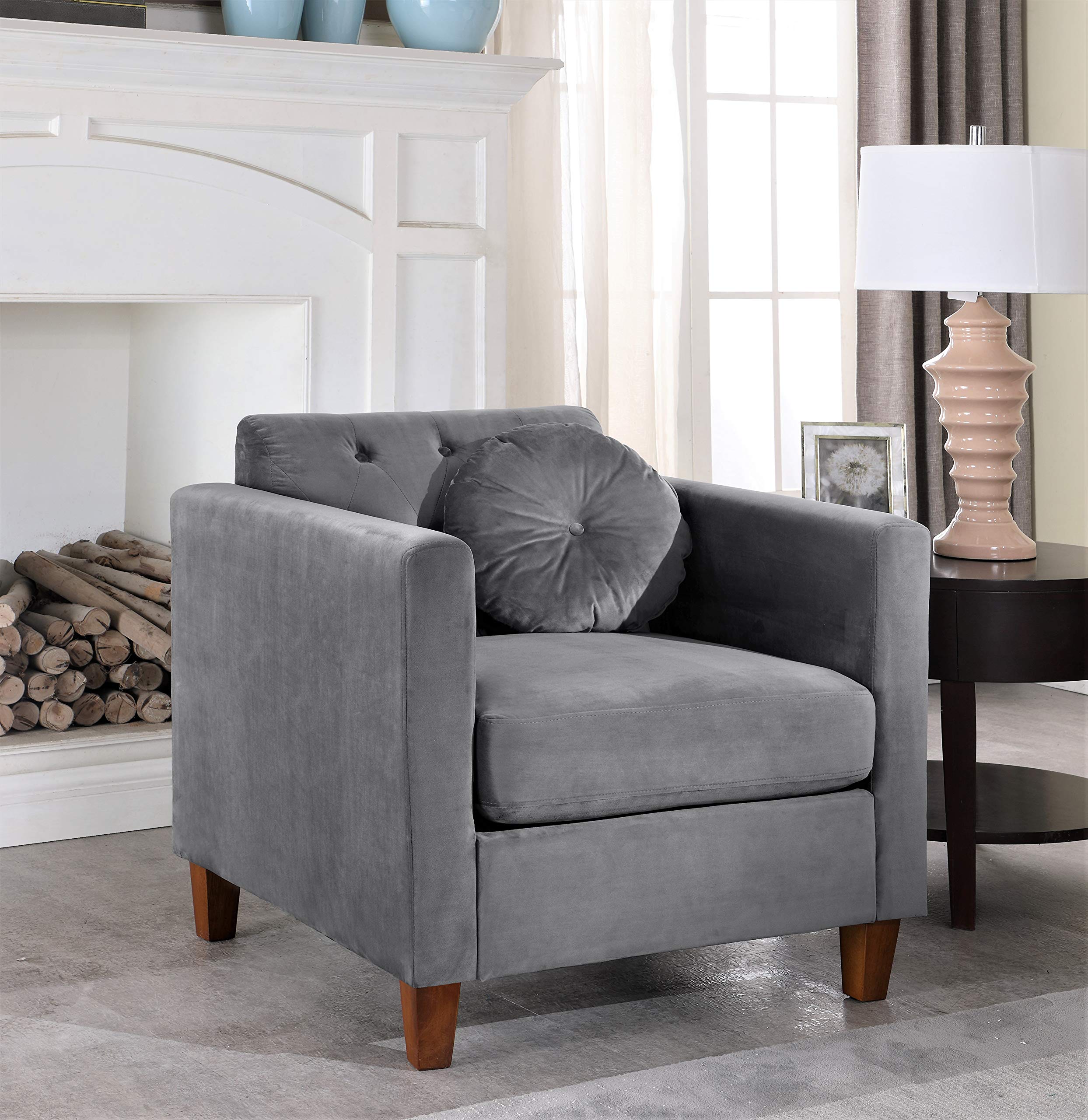 Persaud Classic Chesterfield Velvet Upholstered Living Room Chair - Silver Grey Accent Chair for Home, Apartment & Office - Perfect for Reading Nooks, Lounge Areas & Workspaces