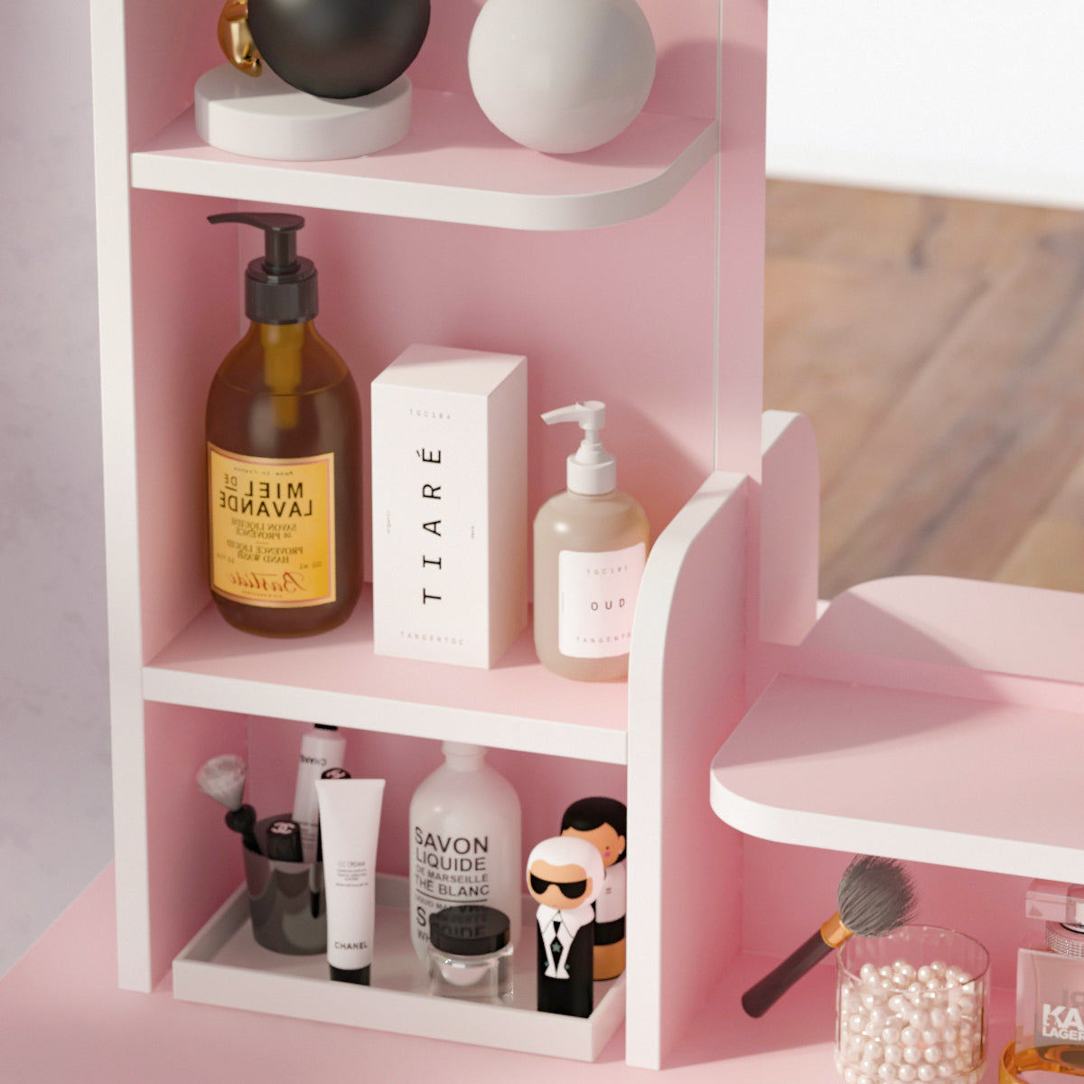 Vanity Set with Stool, Mirror, LED Lights & 3-Tier Storage Shelves - 5 Drawer Makeup Dressing Table for Bedroom, Bathroom & Salon (White) - Perfect for Makeup Organization & Beauty Routine