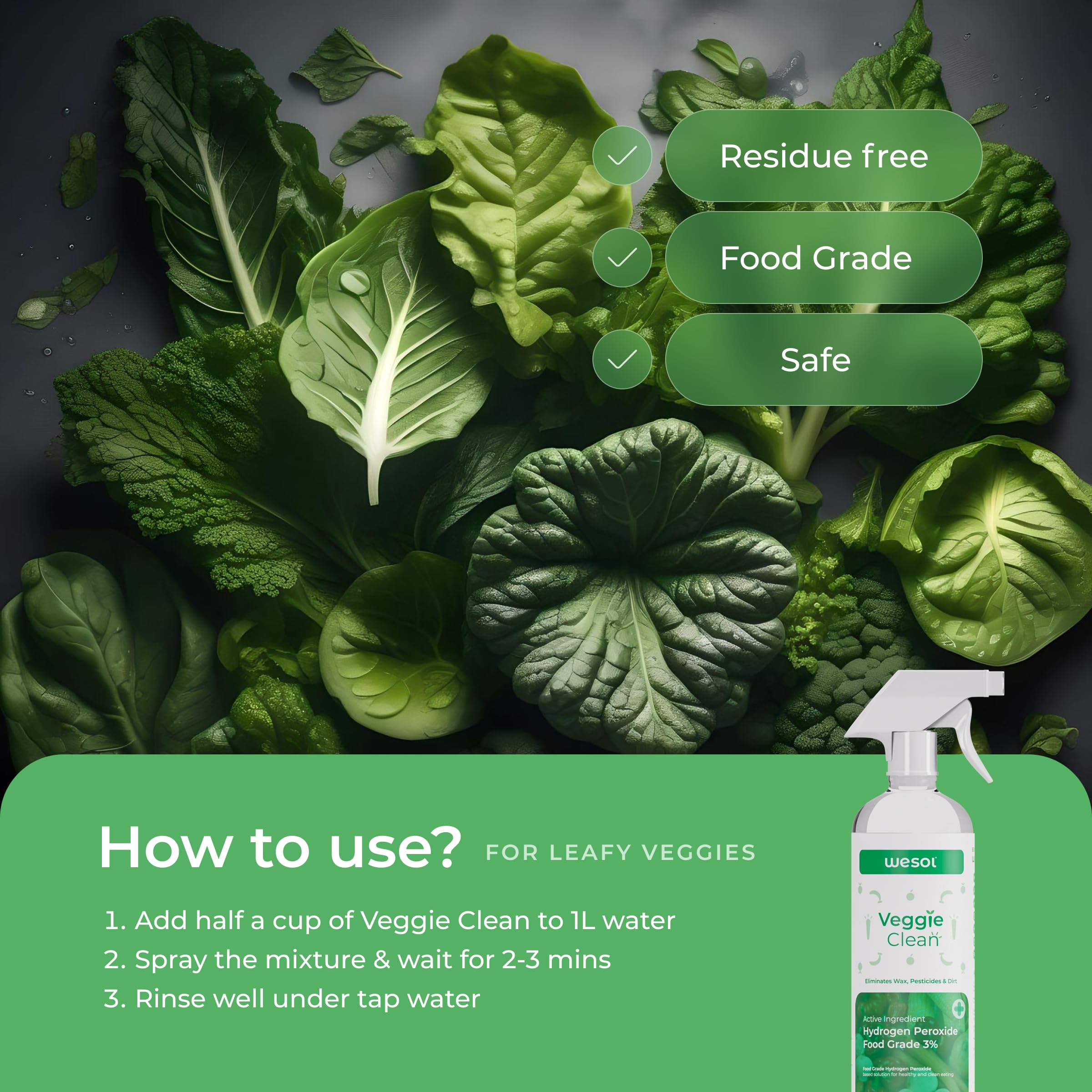 **Wesol 500ml Fruit & Vegetable Wash with 3% Food-Grade Hydrogen Peroxide – Removes Pesticides, 99.9% Germs, Wax – Safe for Organic Produce – Perfect for Fresh Salads, Smoothies & Meal Prep**