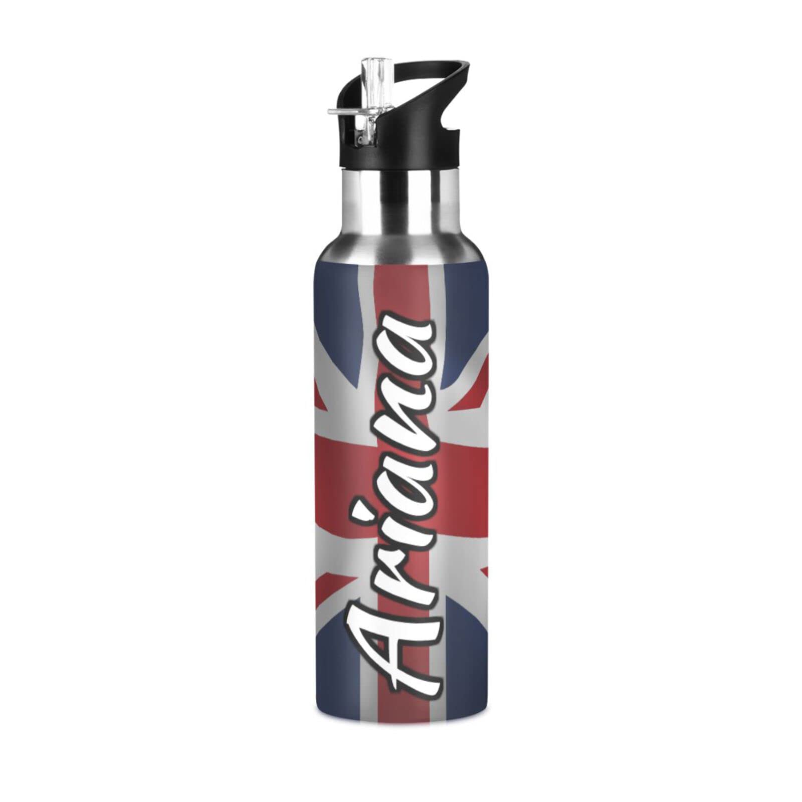 Custom Satin UK Waving Flag 20oz Insulated Stainless Steel Water Bottle with Straw Lid - Personalized Gym & Fitness Sports Bottle for Workouts, Hiking & Outdoor Activities