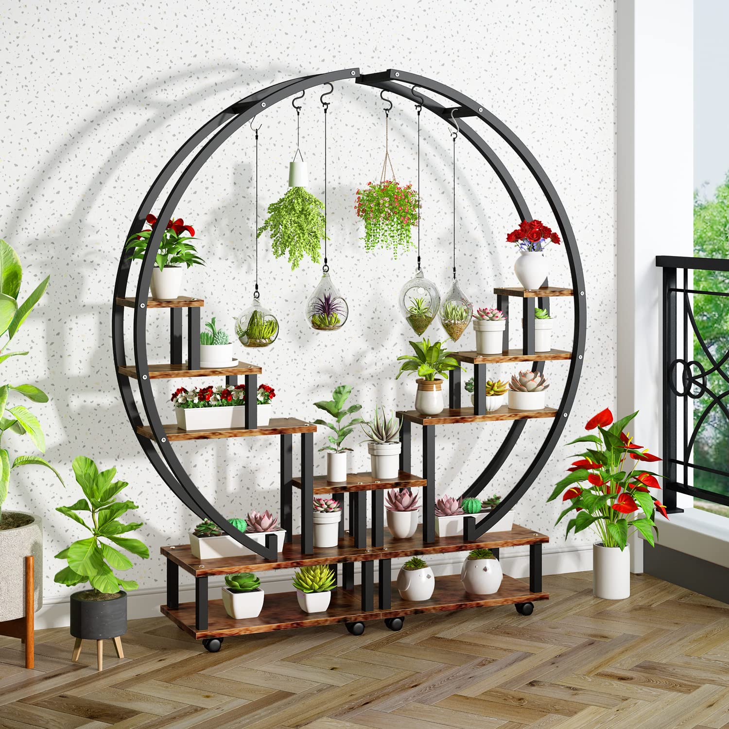 2 Pcs 6-Tier Tall Metal Indoor Plant Stand with Detachable Wheels - Half Moon Shaped Plant Shelf Holder for Outdoor, Balcony, Patio & Garden - Multi-Purpose Home Decor Plant Stand for Living Room, Office & Nursery (Ideal for Small Spaces & Plant Display)