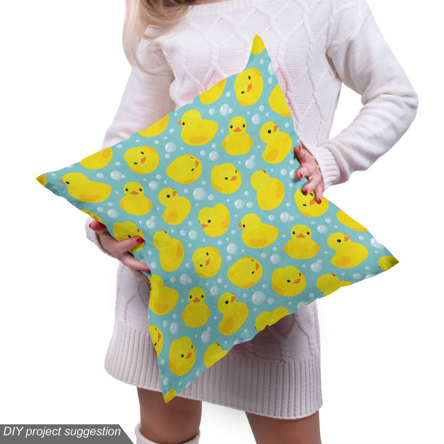 Happy Rubber Duck & Bubbles Cartoon Fabric by The Yard - 10 Yards Yellow Aqua Upholstery Material for DIY Home Decor, Curtains, Pillows & Crafts | Waterproof Decorative Cotton for Kids Room, Bathroom & Nursery