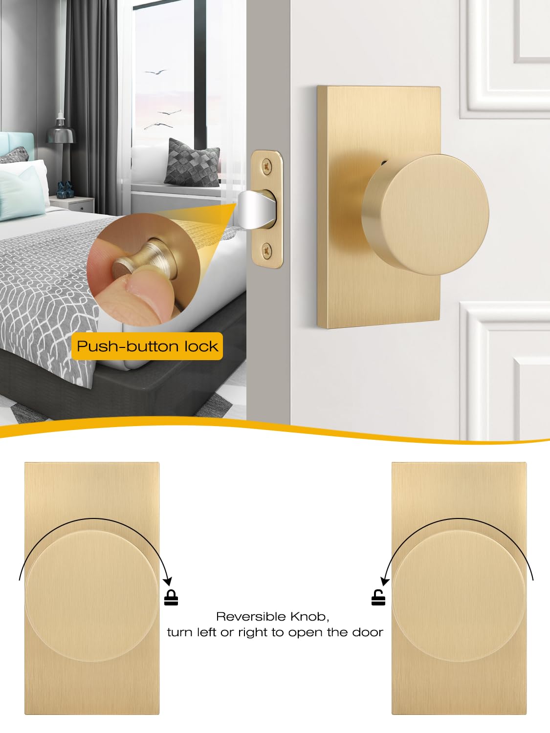 EHOMEWARE 3-Pack Gold Privacy Door Knobs with Lock - Bedroom & Bathroom Interior Door Handles, Reversible for Left/Right Doors, Rectangular Base - No Key Needed for Home, Office, or Apartment Use