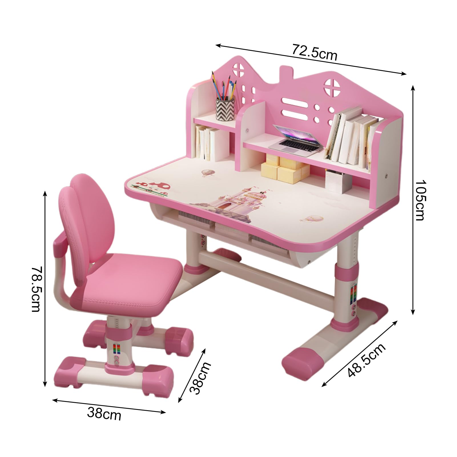 **Adjustable Pink Kids Learning Desk and Chair Set with Storage Drawers - Ergonomic Study Table for Reading, Writing & Homework - Perfect for Girls' Bedroom or Playroom**