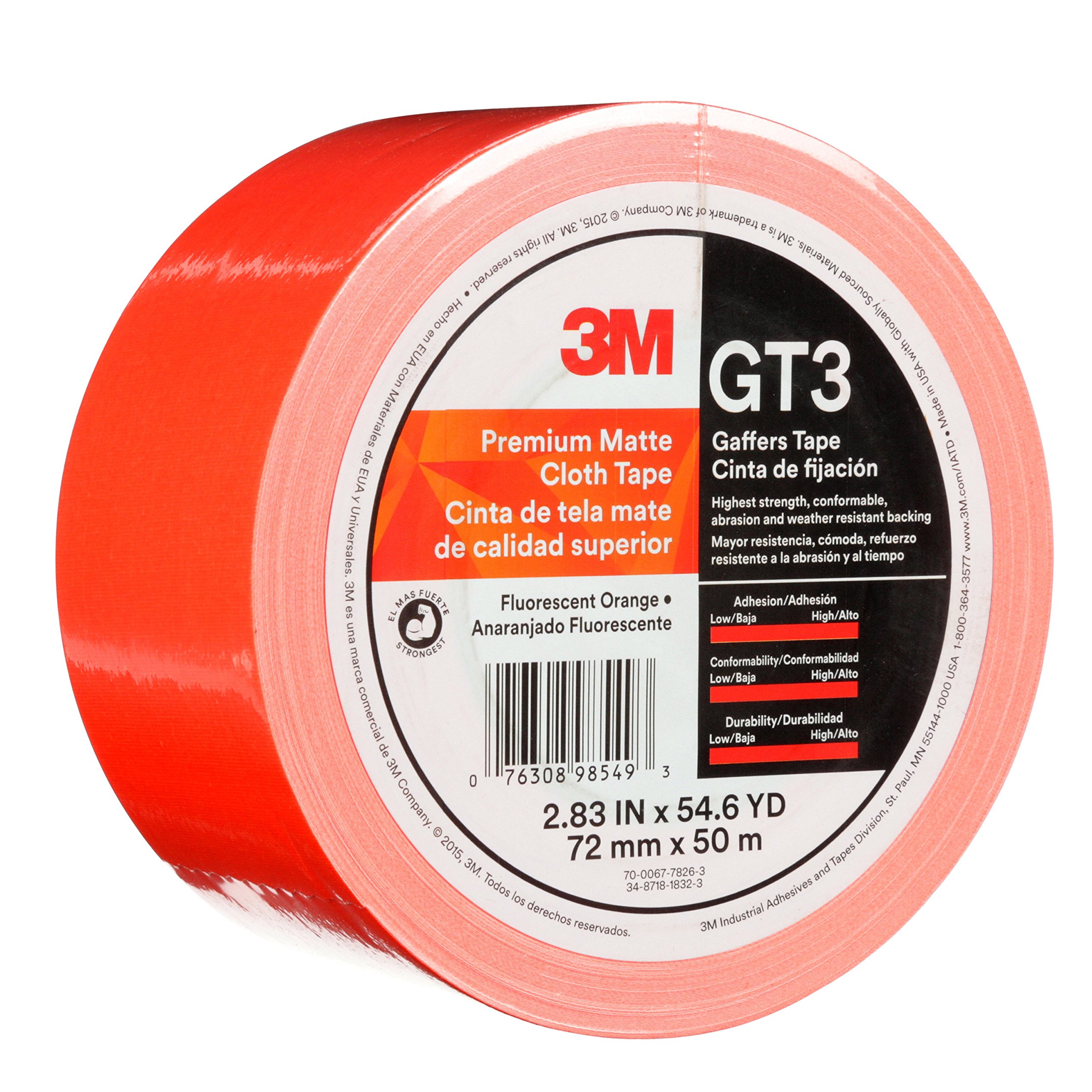 3M Premium Matte Cloth Gaffers Tape GT3 - Fluorescent Orange, 72mm x 50m, 11 mil Thick - Heavy Duty Duct Tape for Stage, Photography & Electrical Work - Professional Grade Adhesive for Secure Hold