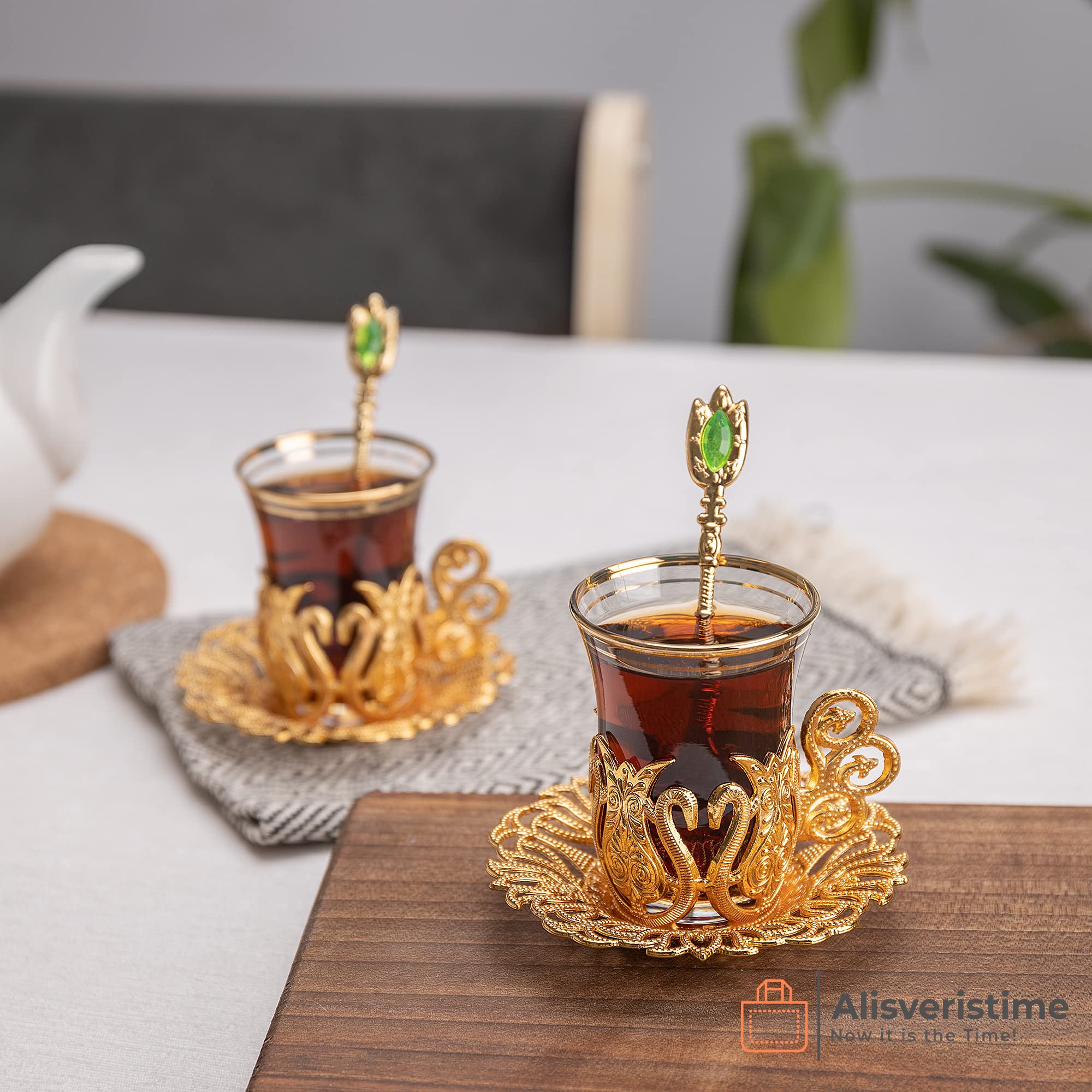 Handmade Turkish Tea Set - 6 Piece Ottoman Style Zamzam Serving Glasses with Saucers & Spoons (Gold) - Perfect for Traditional Tea Ceremonies & Home Decor