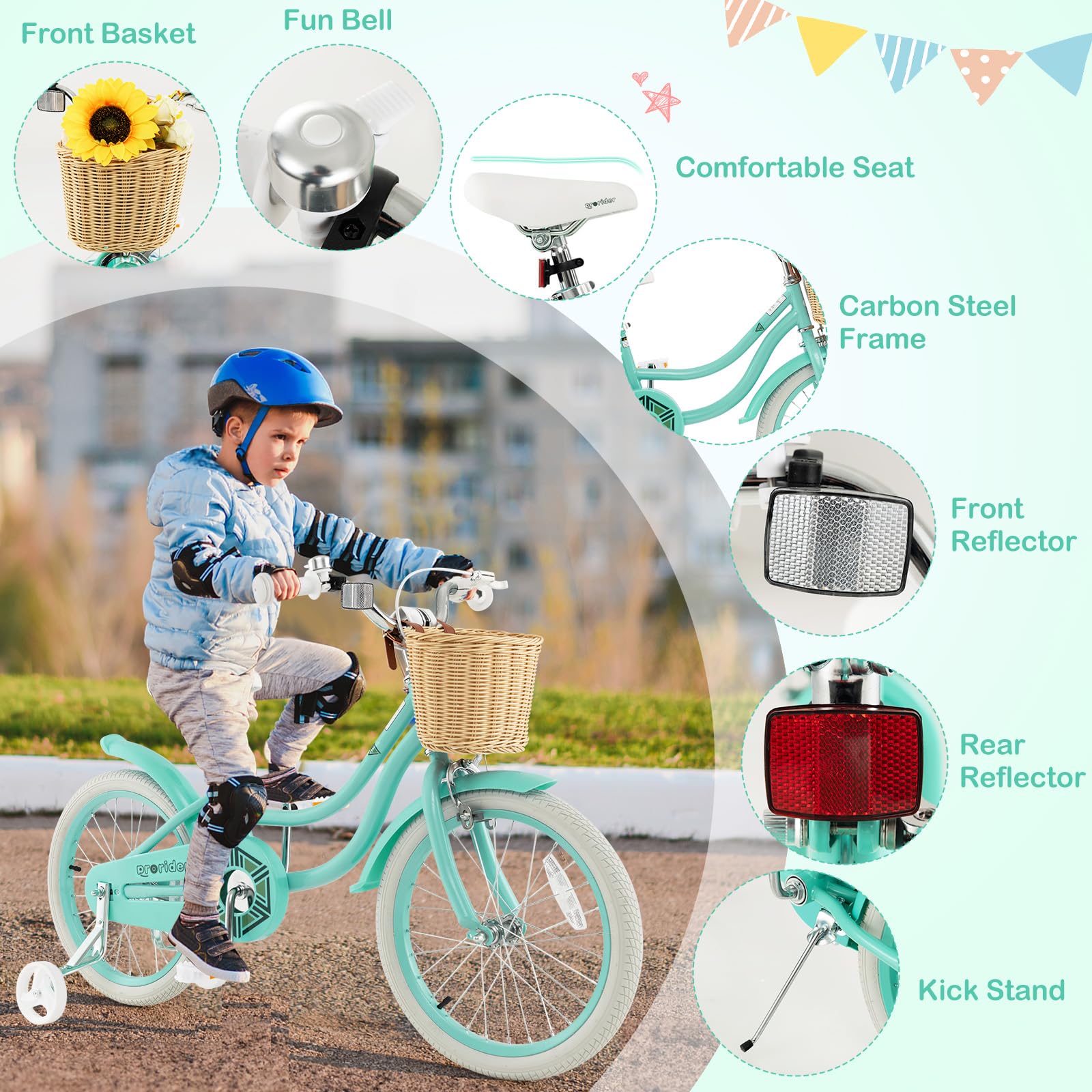 BABY JOY 14 16 18 Inch Kids Bike with Training Wheels - Adjustable Height Retro Bicycle for Boys & Girls Ages 3-8 Years Old - Includes Rattan Basket, Handbrake & Coaster Brake (Pink, Green, Blue) - Perfect for Neighborhood Rides, Park Adventures & Learning to Cycle