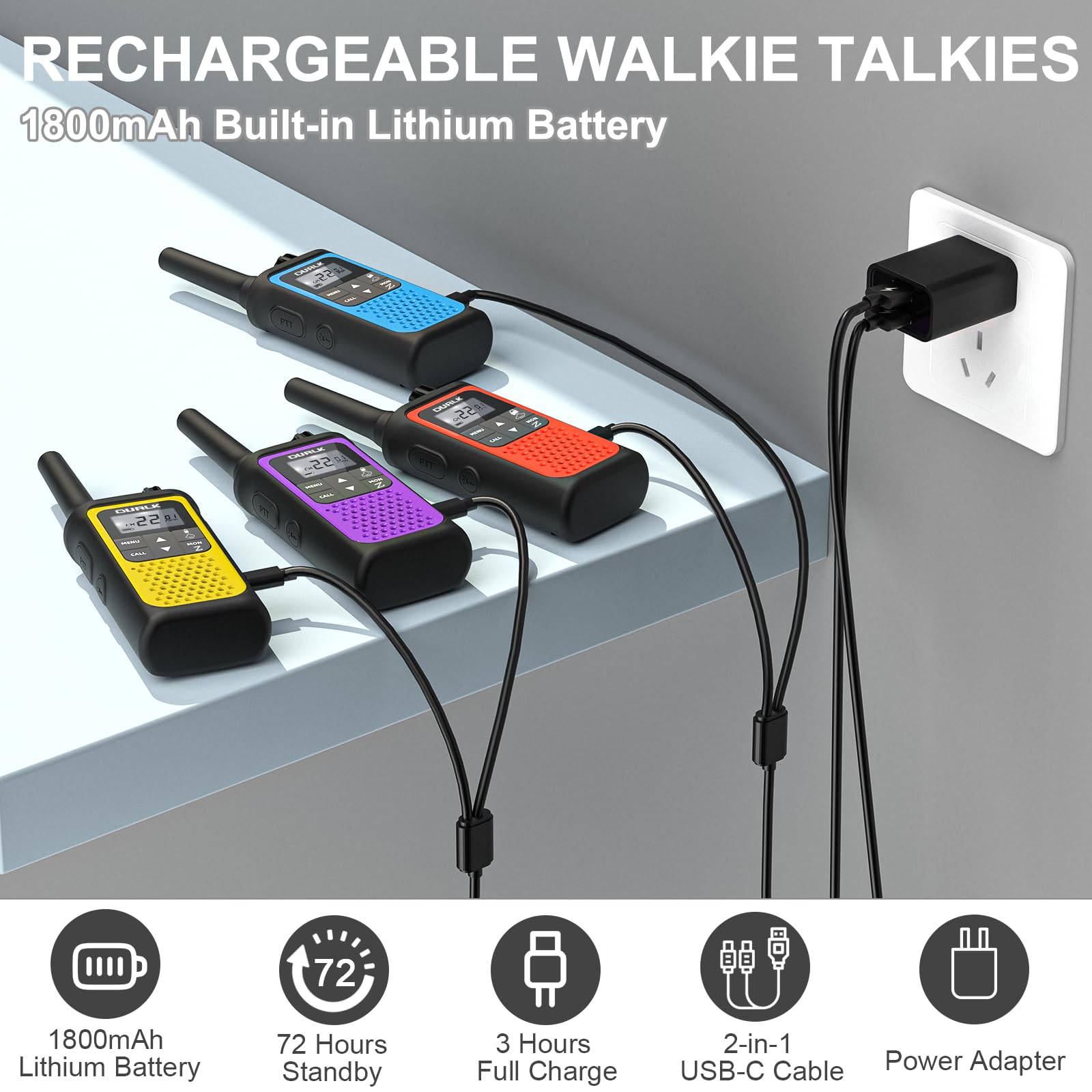 Rechargeable Long Range Walkie Talkies 4 Pack - 22 FRS Channel 2 Way Radios with NOAA Weather Alert, 1800mAh Li-ion Battery & USB-C Charger for Adults - Perfect for Hiking, Camping, Cruises, and Outdoor Adventures