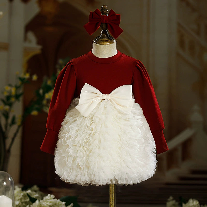 Burgundy Princess Round Neck Tea-Length Tulle Flower Girl Dress for Weddings & Special Occasions