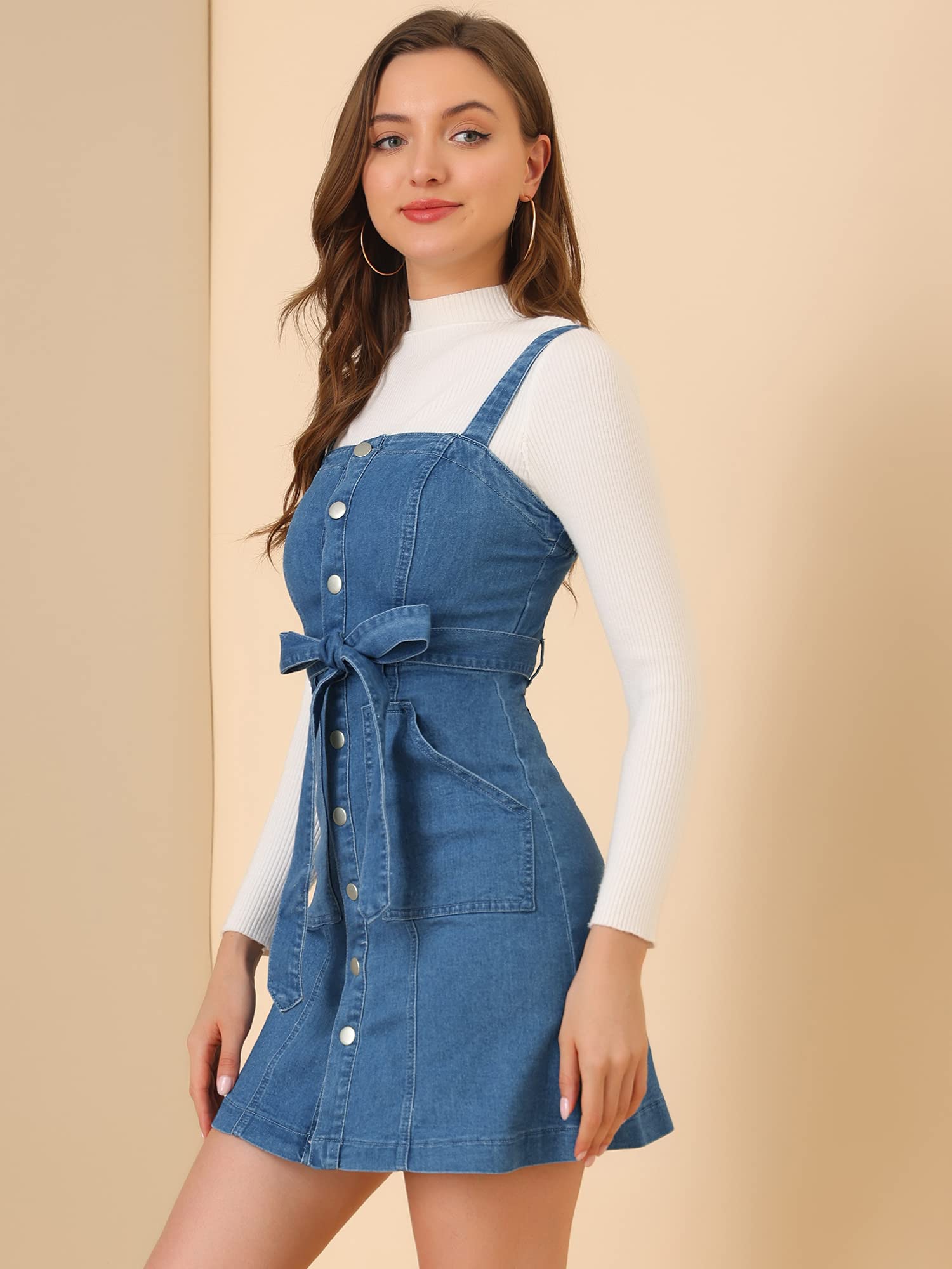 Allegra K Women's Classic Denim Pinafore Dress with Adjustable Straps - Vintage Overalls Style Jean Dress for Casual Outings, Brunch & Summer Fashion